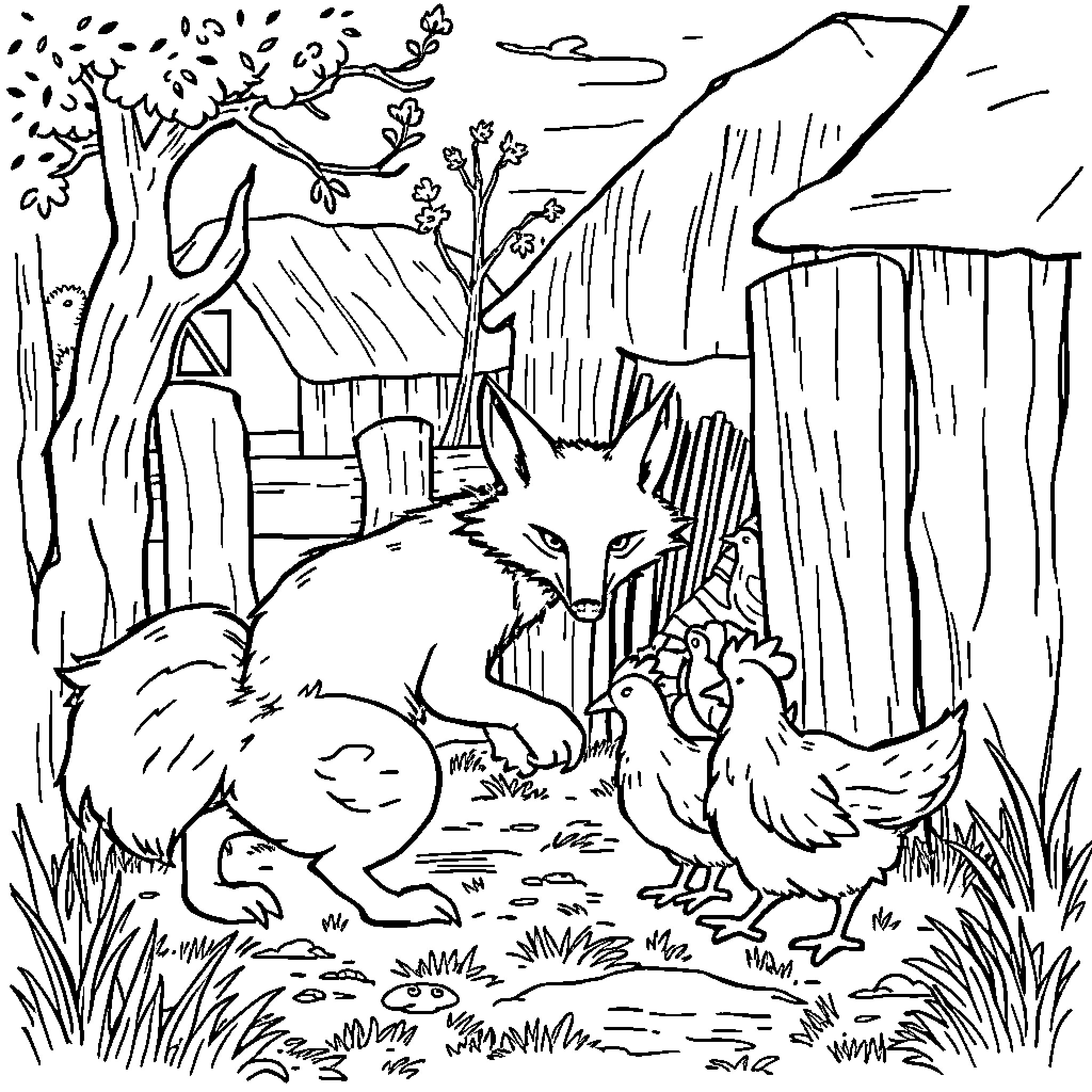 Fox resting in the countryside Coloring Page (free black-and-white line drawing printable PDF for all, from beginners to advanced learners, including children, teens, adults, and seniors)