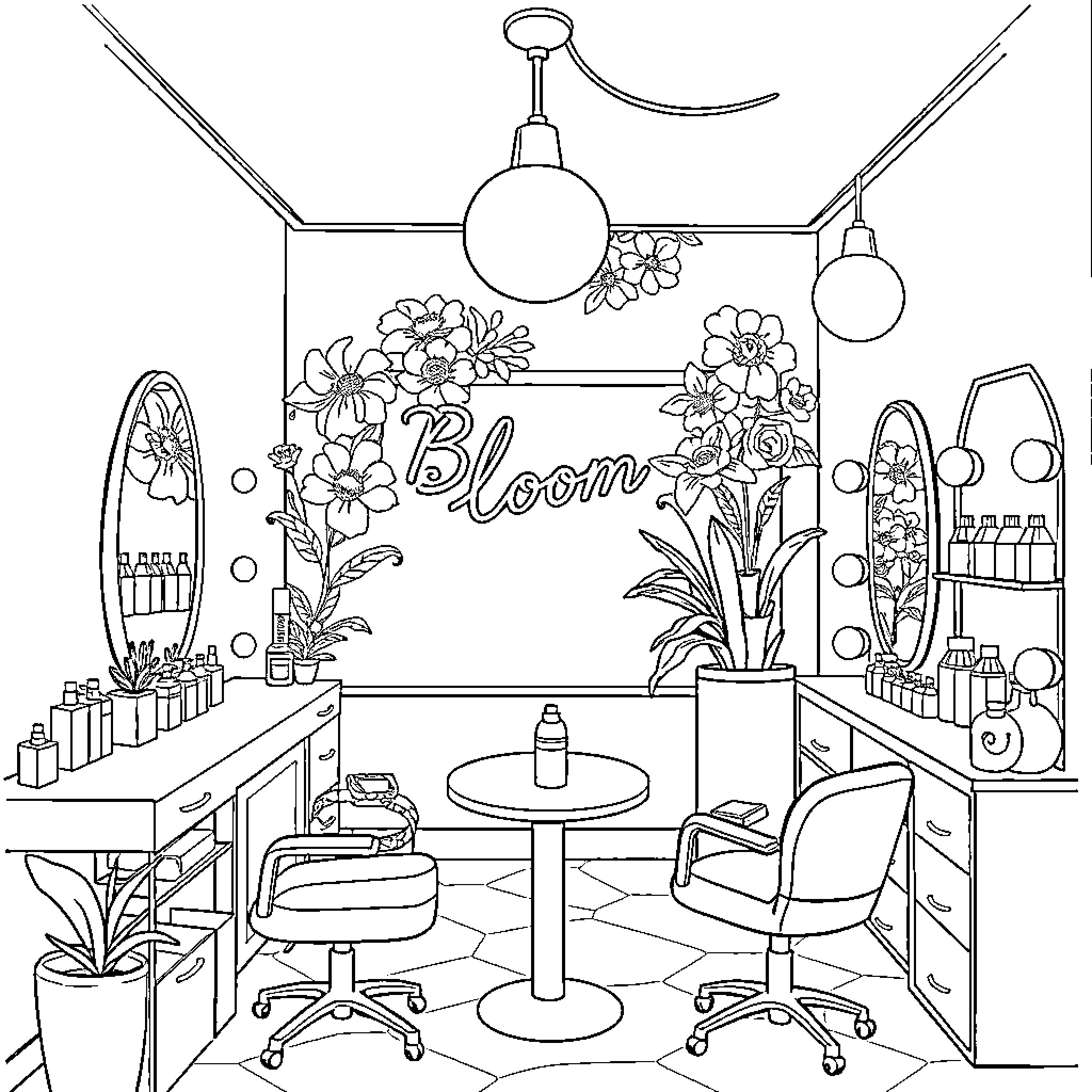 Bloom of Floral Decor in Beauty Salon Coloring Page (free black-and-white line drawing printable PDF for all, from beginners to advanced learners, including children, teens, adults, and seniors)