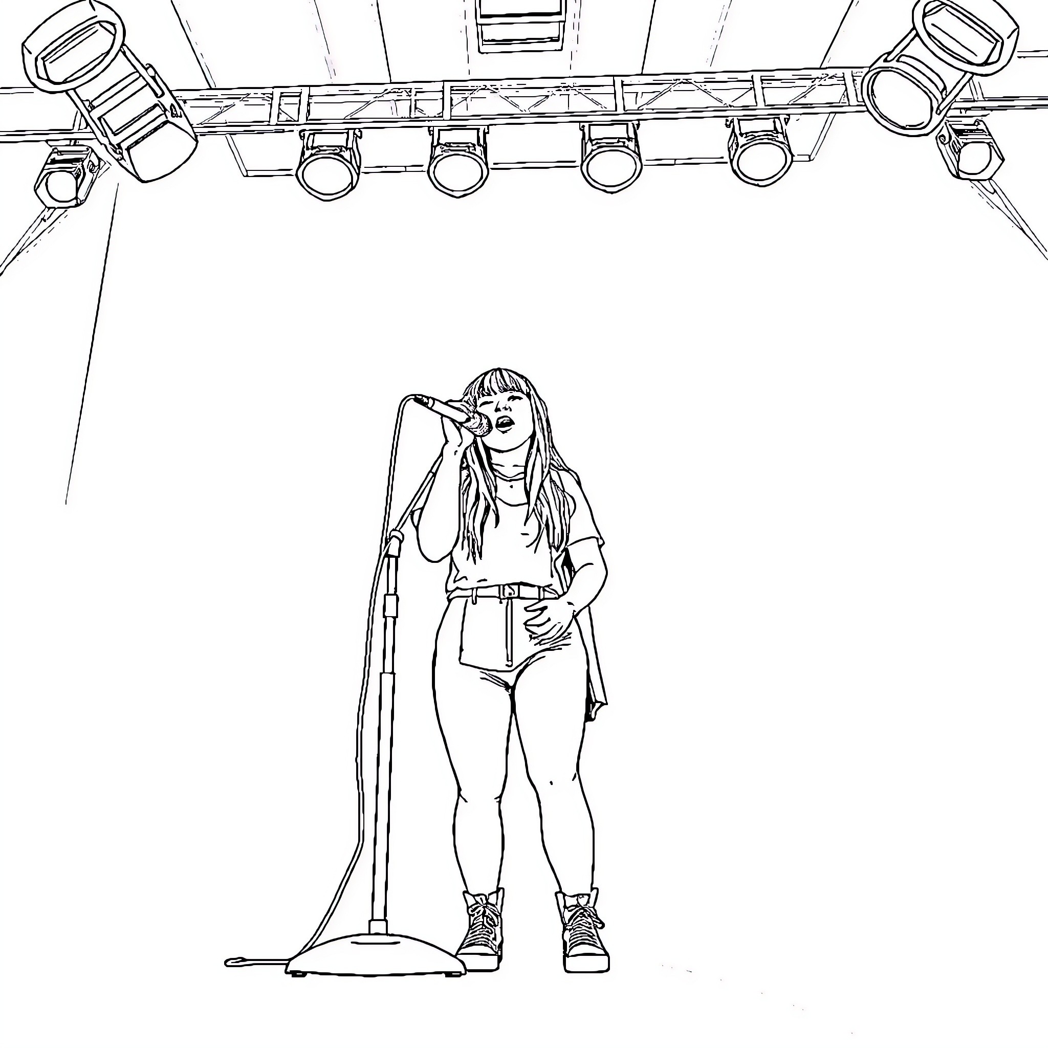 Billie Eilish performing on stage with microphone Coloring Page (free black-and-white line drawing printable PDF for all, from beginners to advanced learners, including children, teens, adults, and seniors)