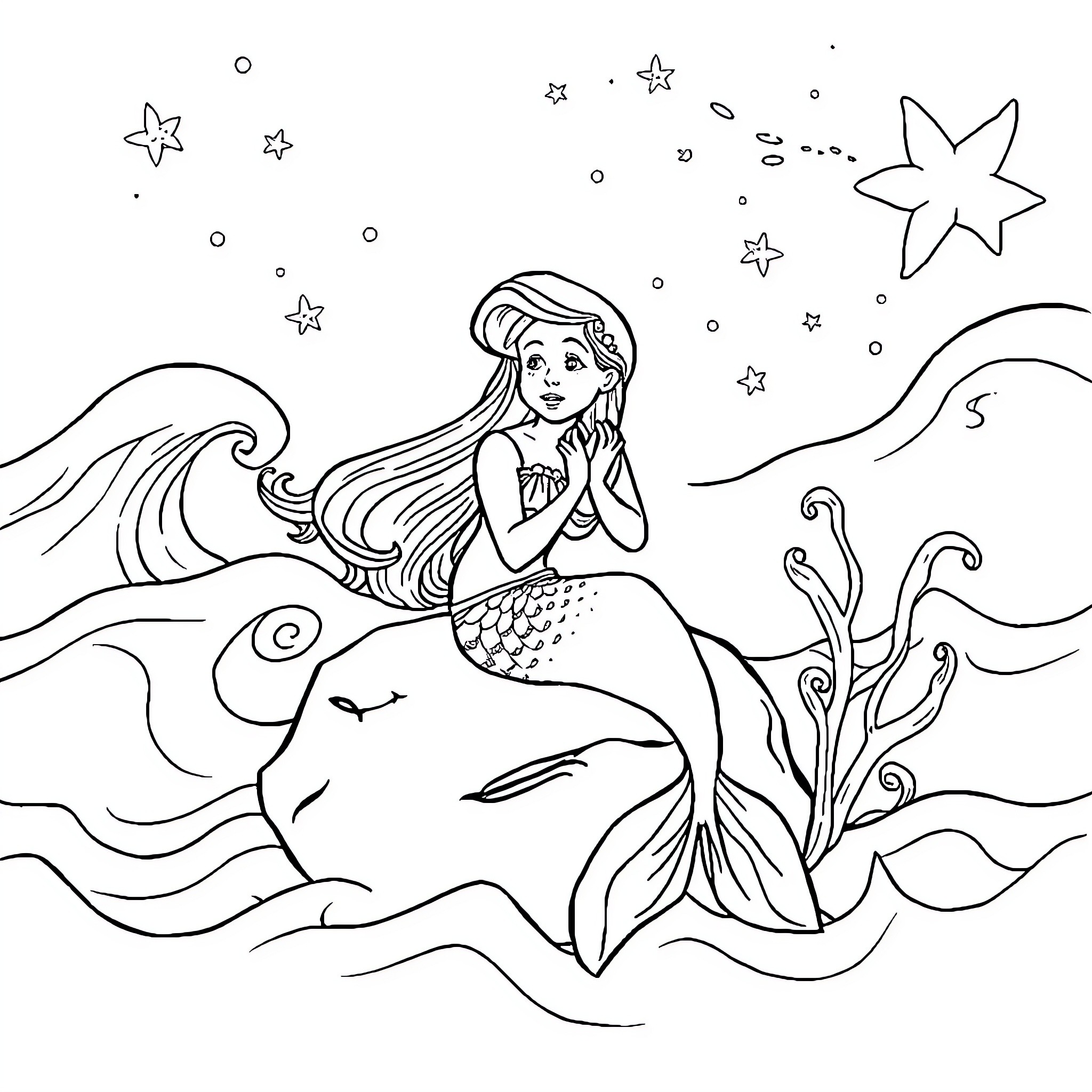 Mermaid enjoying the starry night sea Coloring Page (free black-and-white line drawing printable PDF for all, from beginners to advanced learners, including children, teens, adults, and seniors)