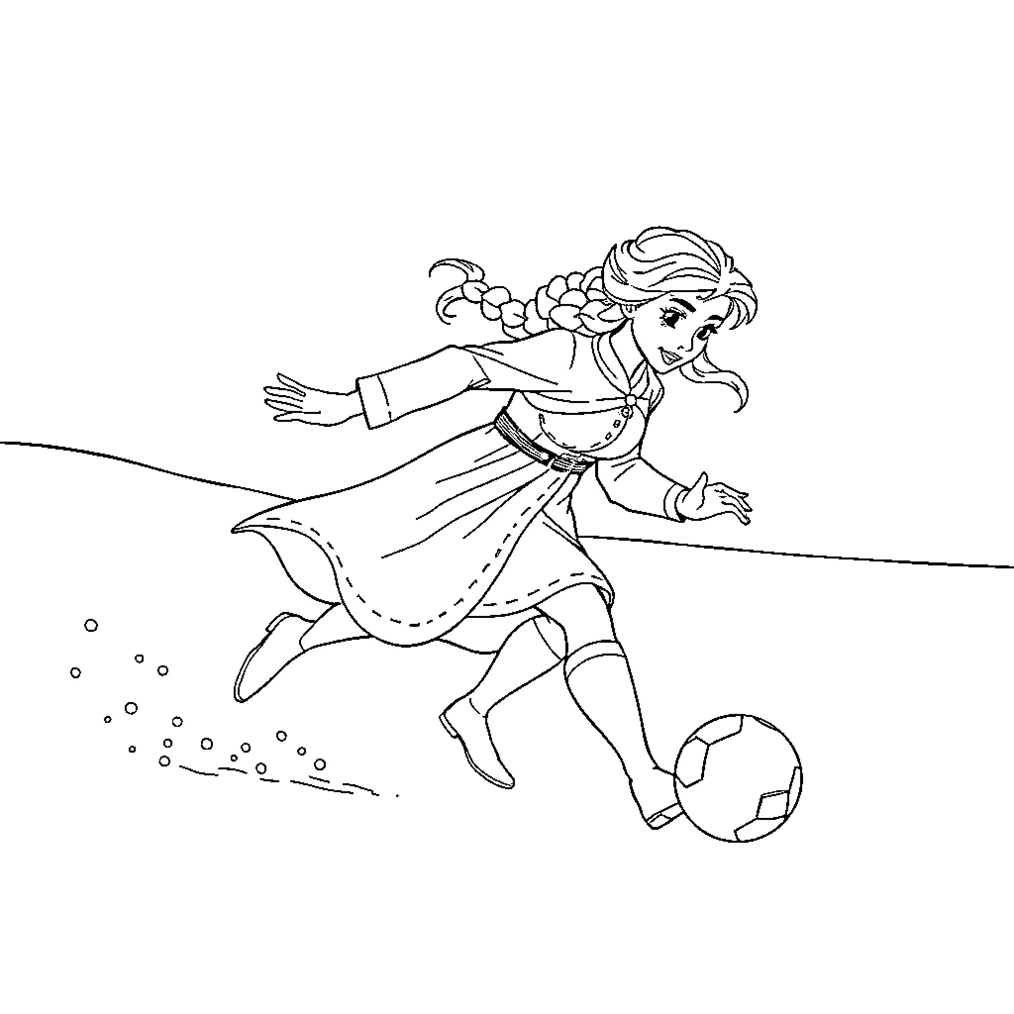 Queen Playing with Ball on Snowy Field Coloring Page (free black-and-white line drawing printable PDF for all, from beginners to advanced learners, including children, teens, adults, and seniors)