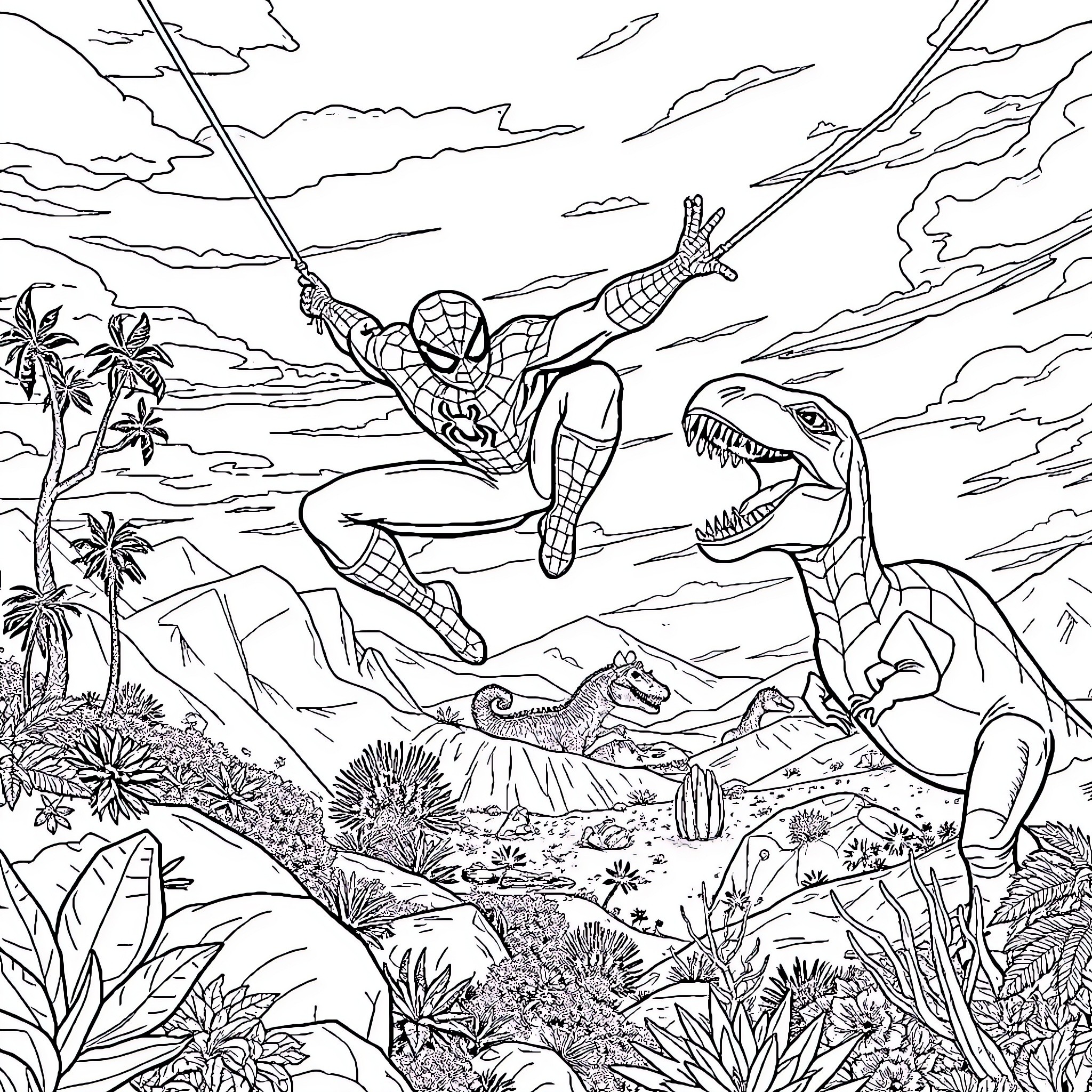 Spider-Man battles a fierce dinosaur in a lush jungle Coloring Page (free black-and-white line drawing printable PDF for all, from beginners to advanced learners, including children, teens, adults, and seniors)