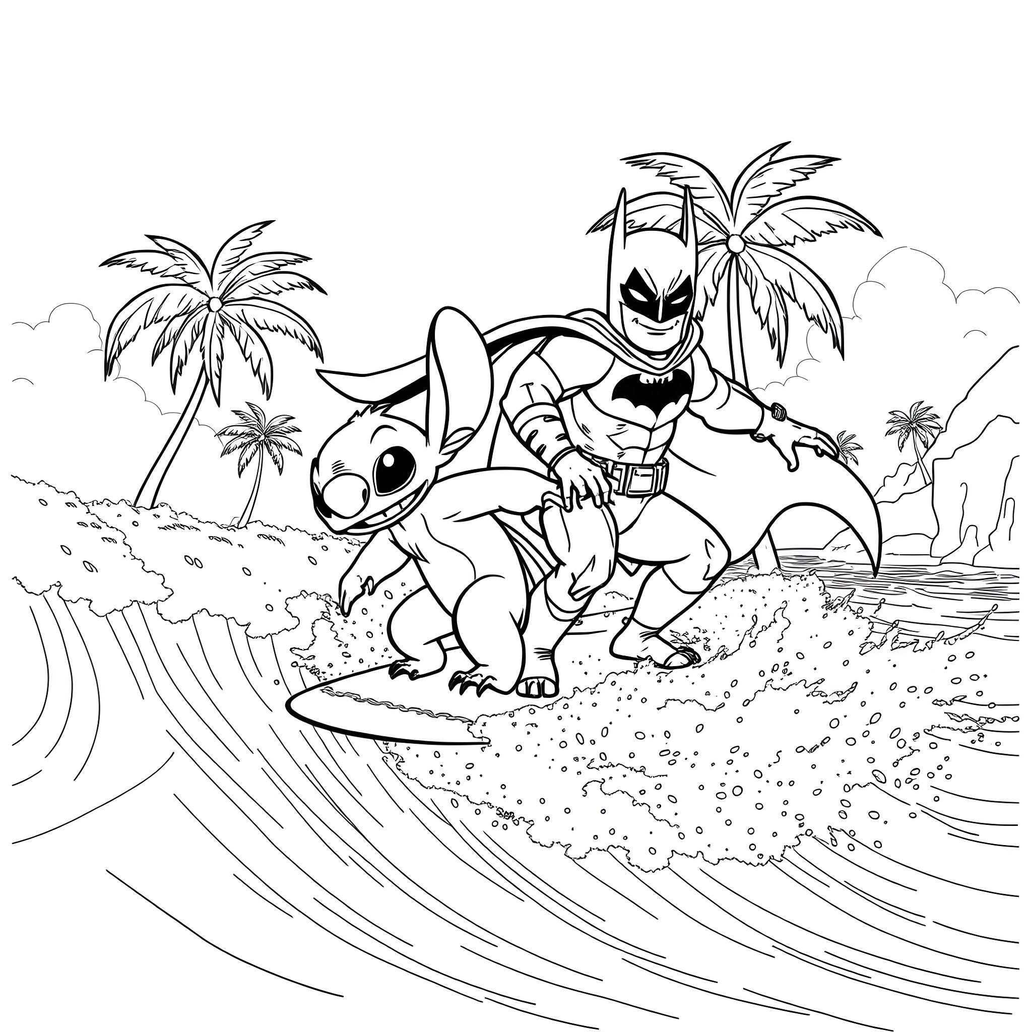 Stitch and Batman Ride the Waves Coloring Page (free black-and-white line drawing printable PDF for all, from beginners to advanced learners, including children, teens, adults, and seniors)