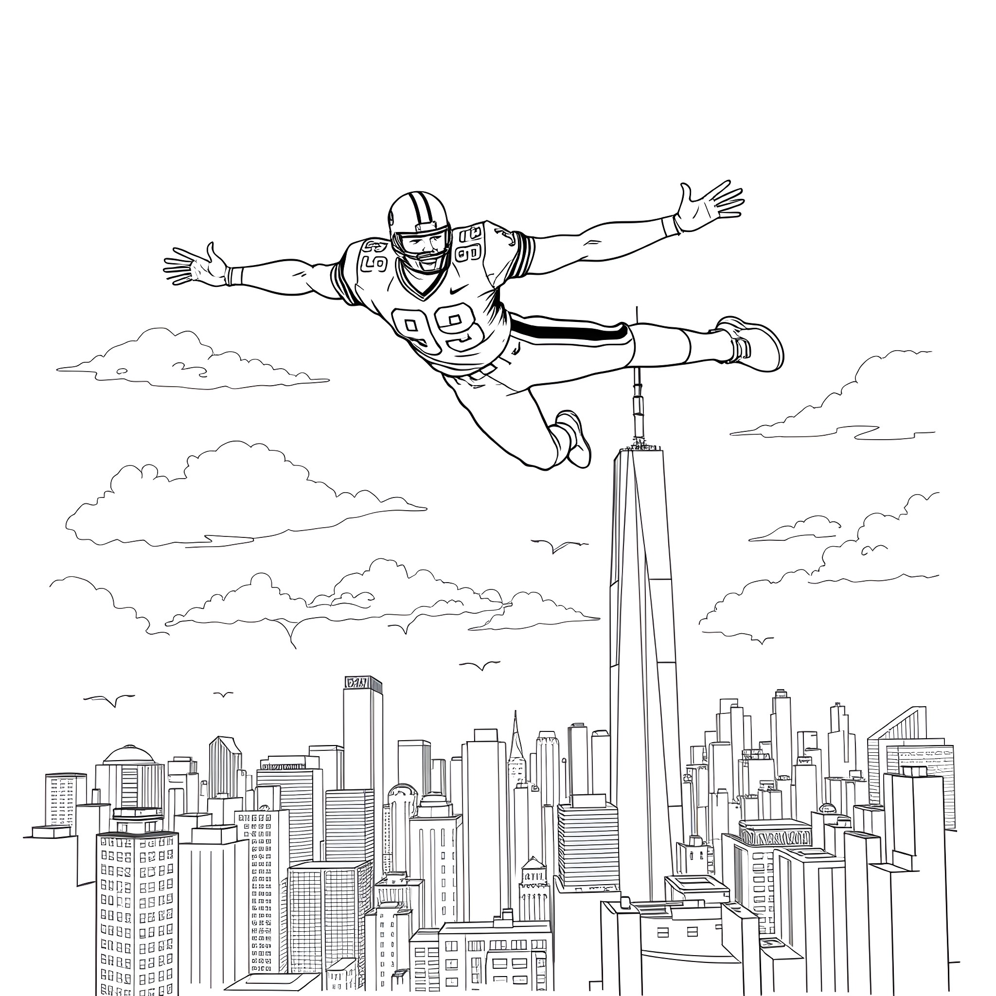 Walter Peyton soaring above the city skyline Coloring Page (free black-and-white line drawing printable PDF for all, from beginners to advanced learners, including children, teens, adults, and seniors)