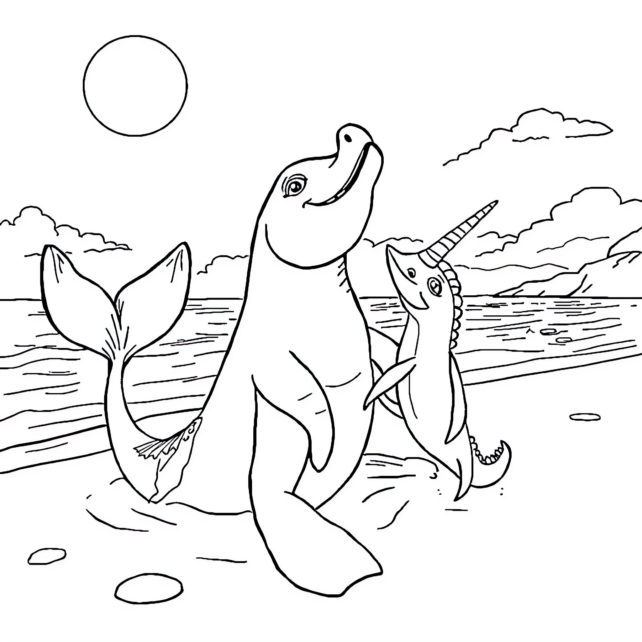 Mermaid and Unicorn Playing in the Ocean Coloring Page (free black-and-white line drawing printable PDF for all, from beginners to advanced learners, including children, teens, adults, and seniors)