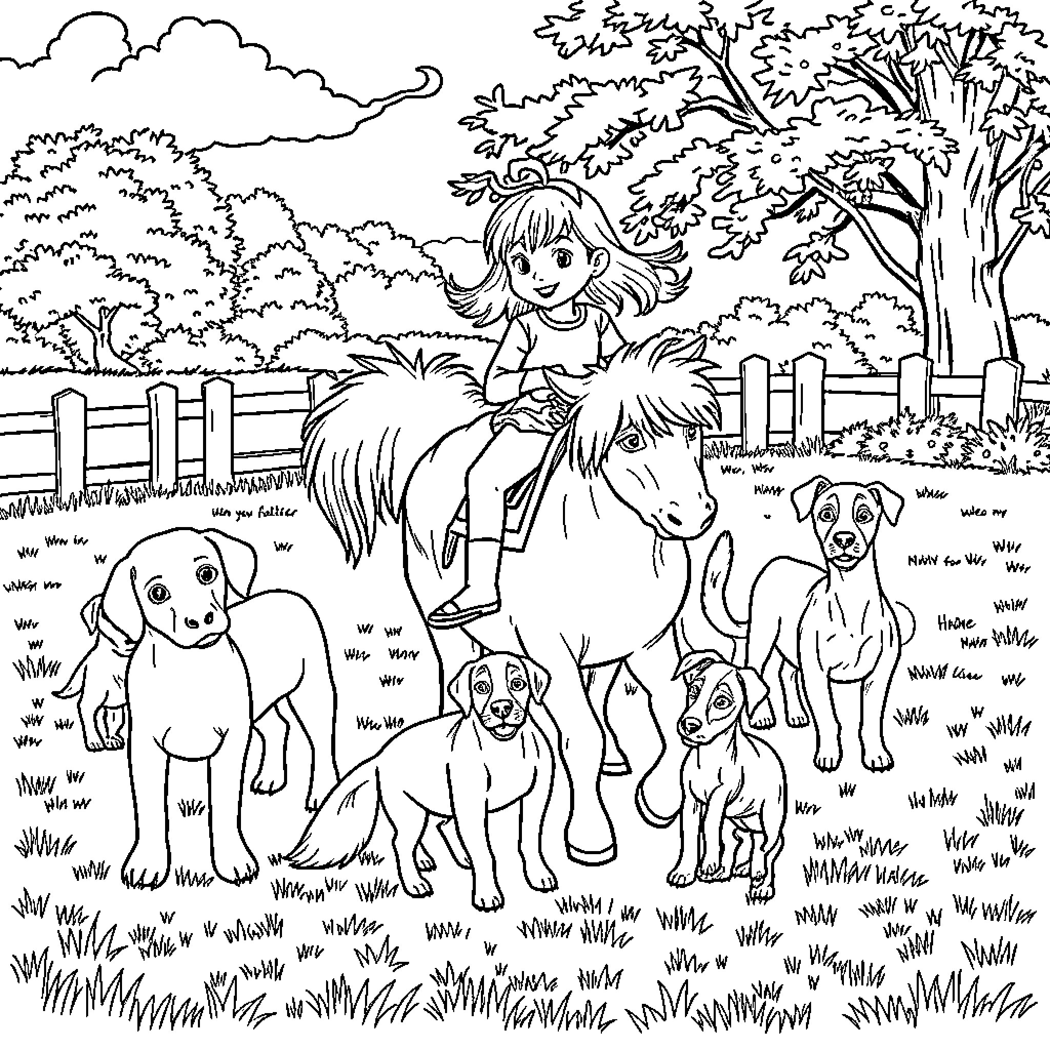 Girl riding a pony with her dog friends in the park Coloring Page (free black-and-white line drawing printable PDF for all, from beginners to advanced learners, including children, teens, adults, and seniors)