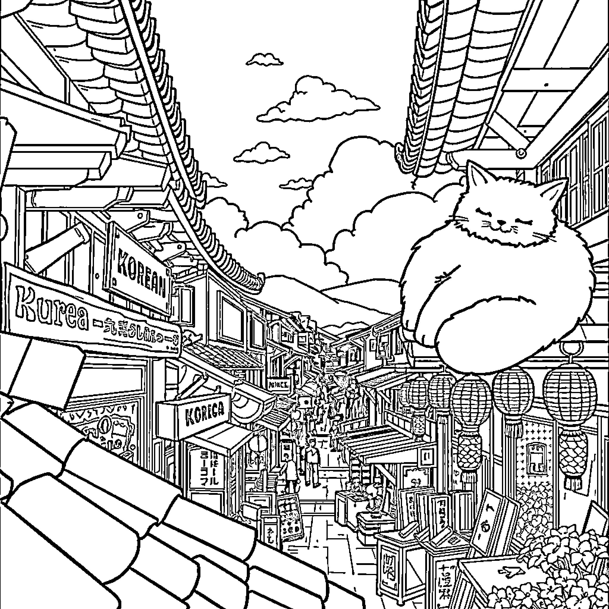 Cat Exploring a Vibrant Asian Street Scene Coloring Page (free black-and-white line drawing printable PDF for all, from beginners to advanced learners, including children, teens, adults, and seniors)