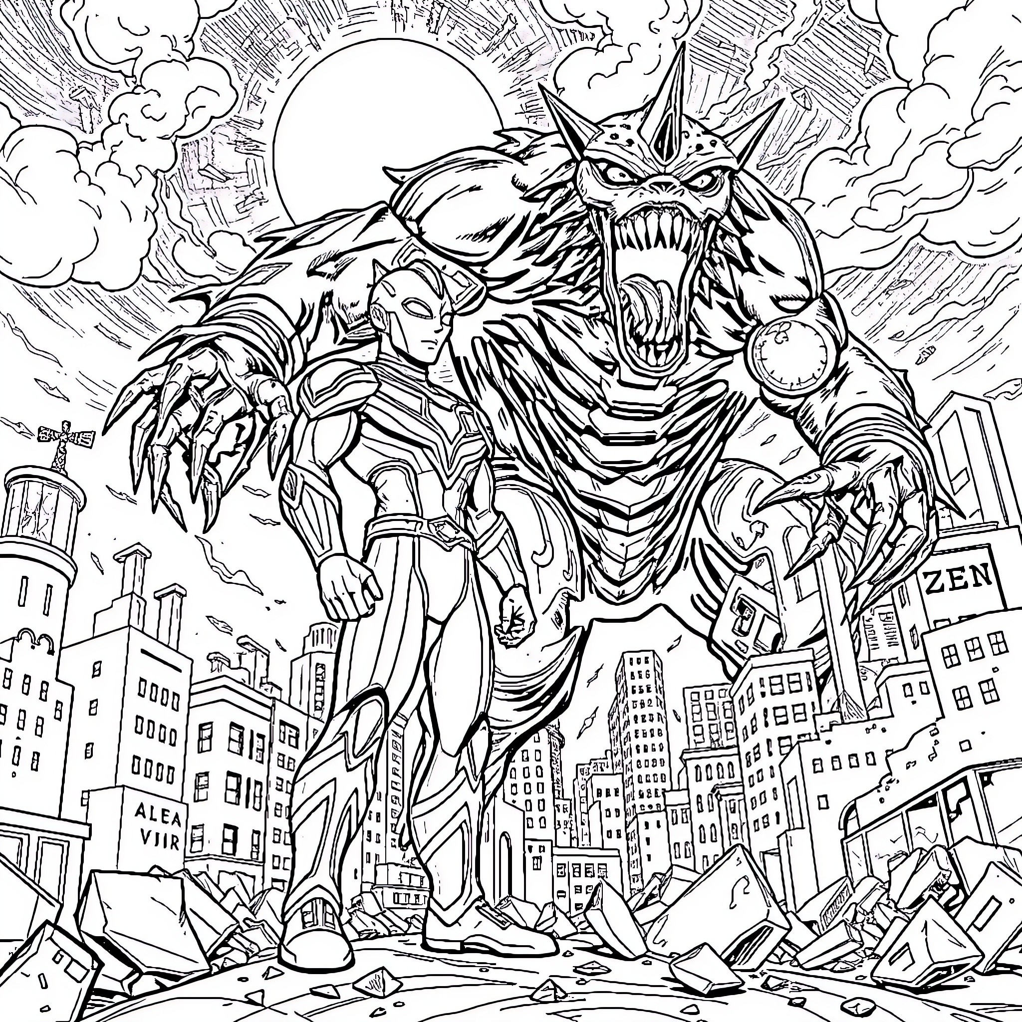 Ultraman Battling a Monstrous Foe in the City Coloring Page (free black-and-white line drawing printable PDF for all, from beginners to advanced learners, including children, teens, adults, and seniors)