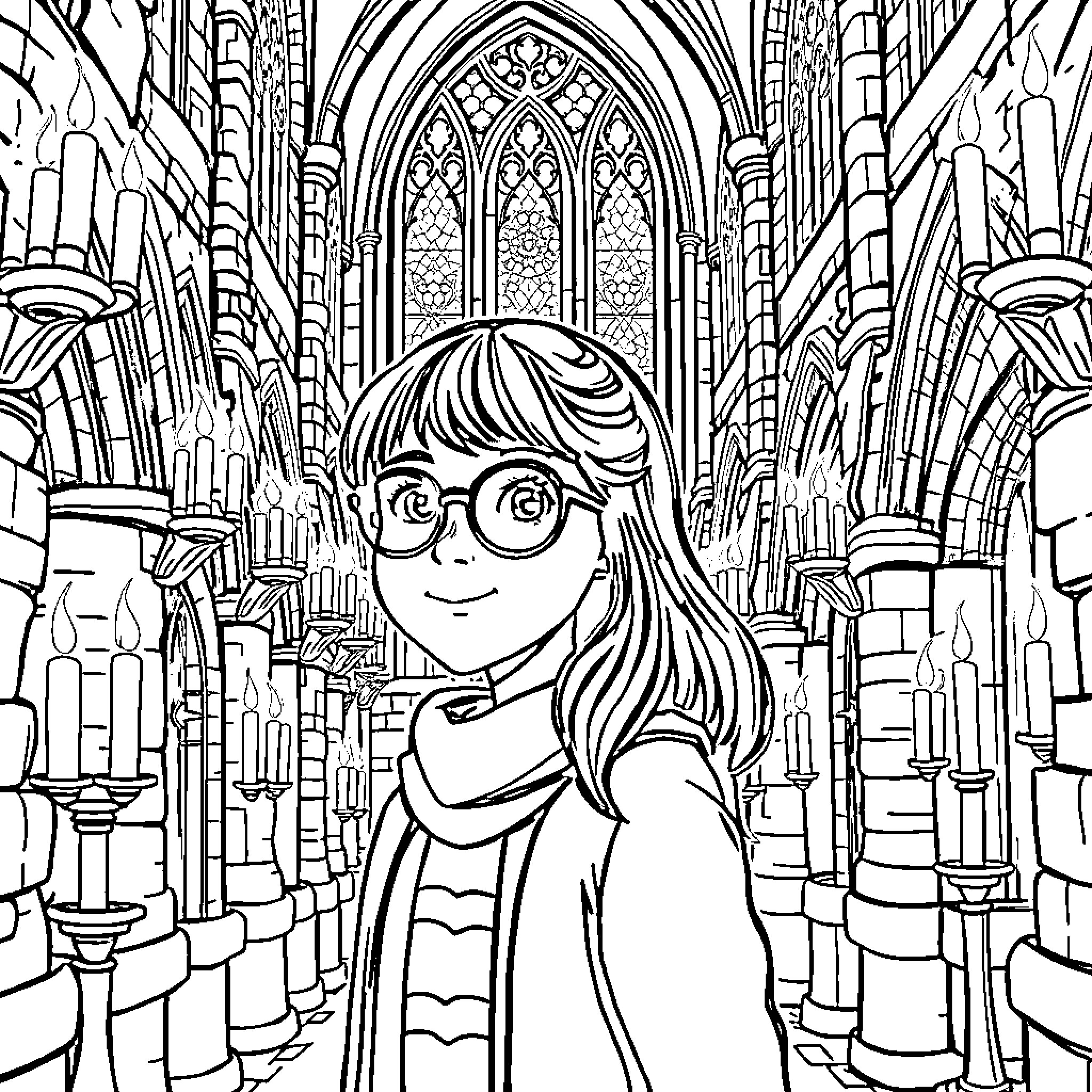 Ravenclaw Student Exploring Magical Castle Halls Coloring Page (free black-and-white line drawing printable PDF for all, from beginners to advanced learners, including children, teens, adults, and seniors)