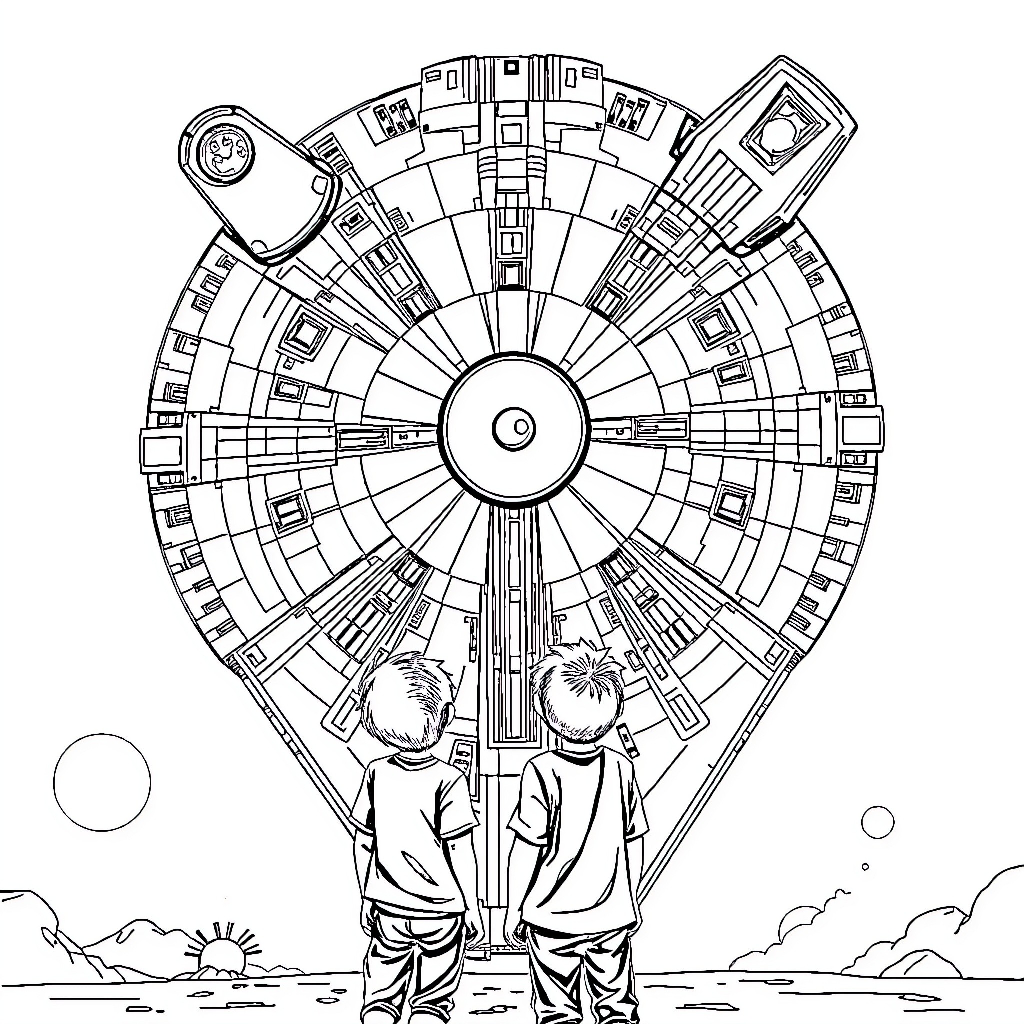 Boy and Friend Admiring Futuristic Spacecraft Coloring Page (free black-and-white line drawing printable PDF for all, from beginners to advanced learners, including children, teens, adults, and seniors)