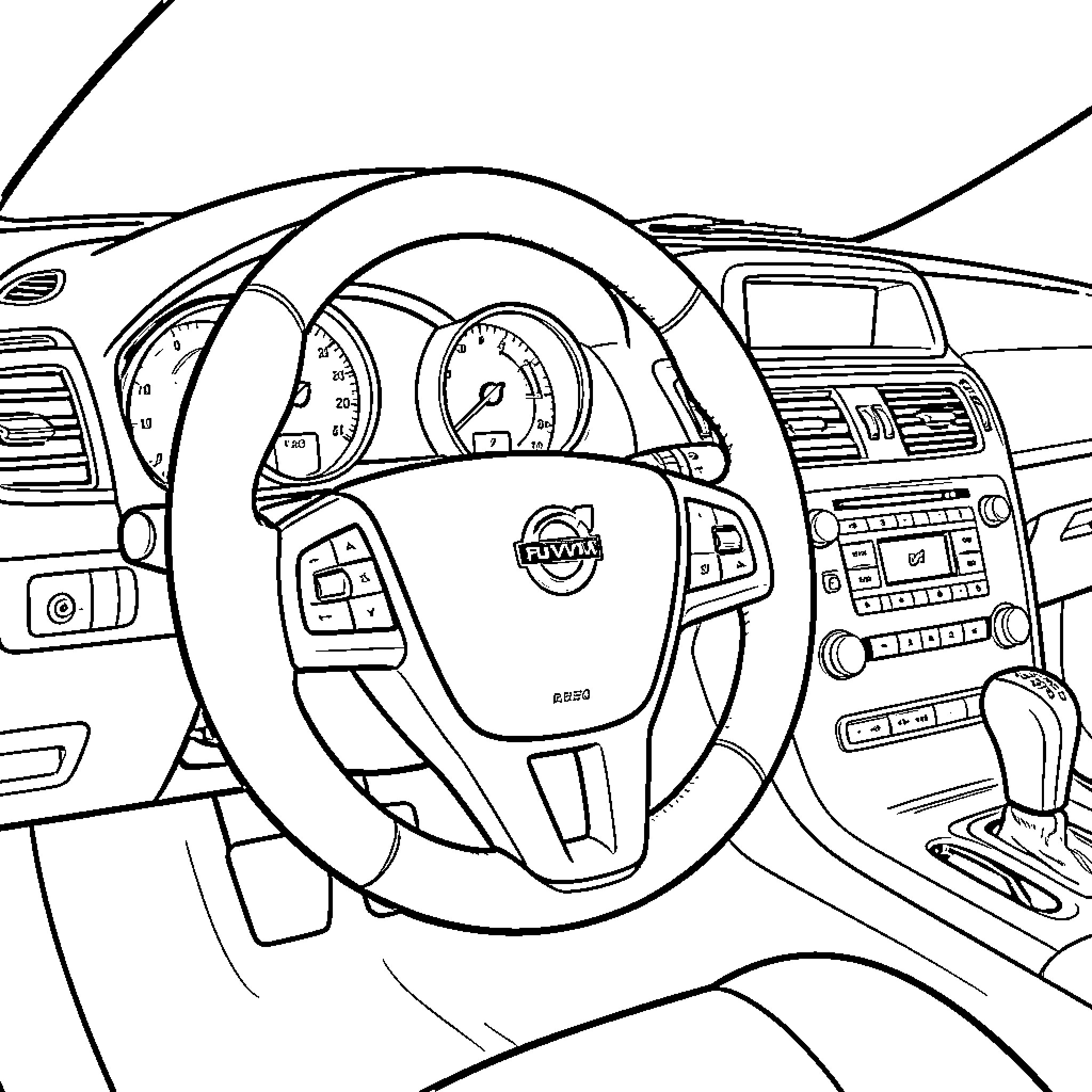 Volvo interior view featuring the steering wheel and dashboard Coloring Page (free black-and-white line drawing printable PDF for all, from beginners to advanced learners, including children, teens, adults, and seniors)