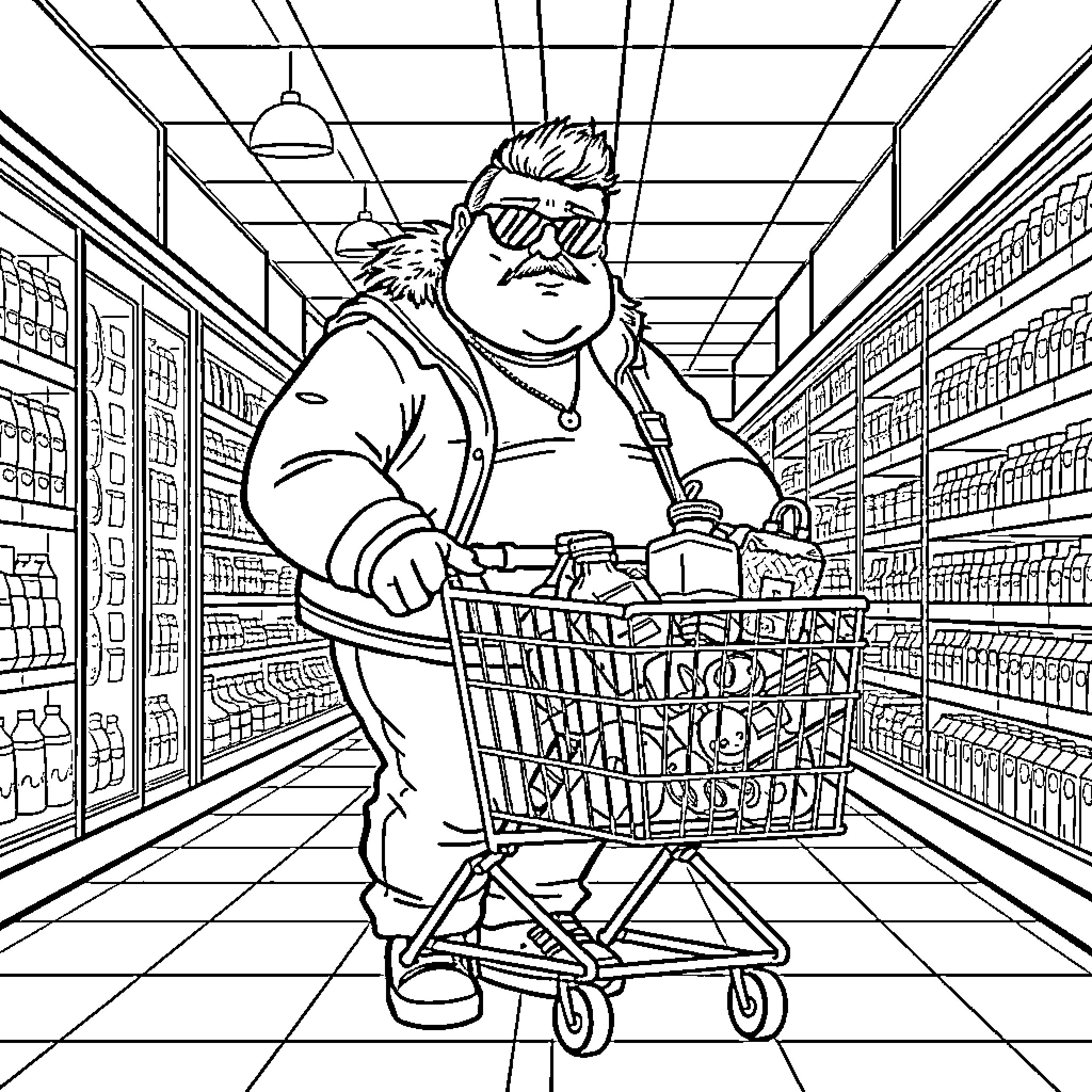 Baddie doing grocery shopping in a store Coloring Page (free black-and-white line drawing printable PDF for all, from beginners to advanced learners, including children, teens, adults, and seniors)