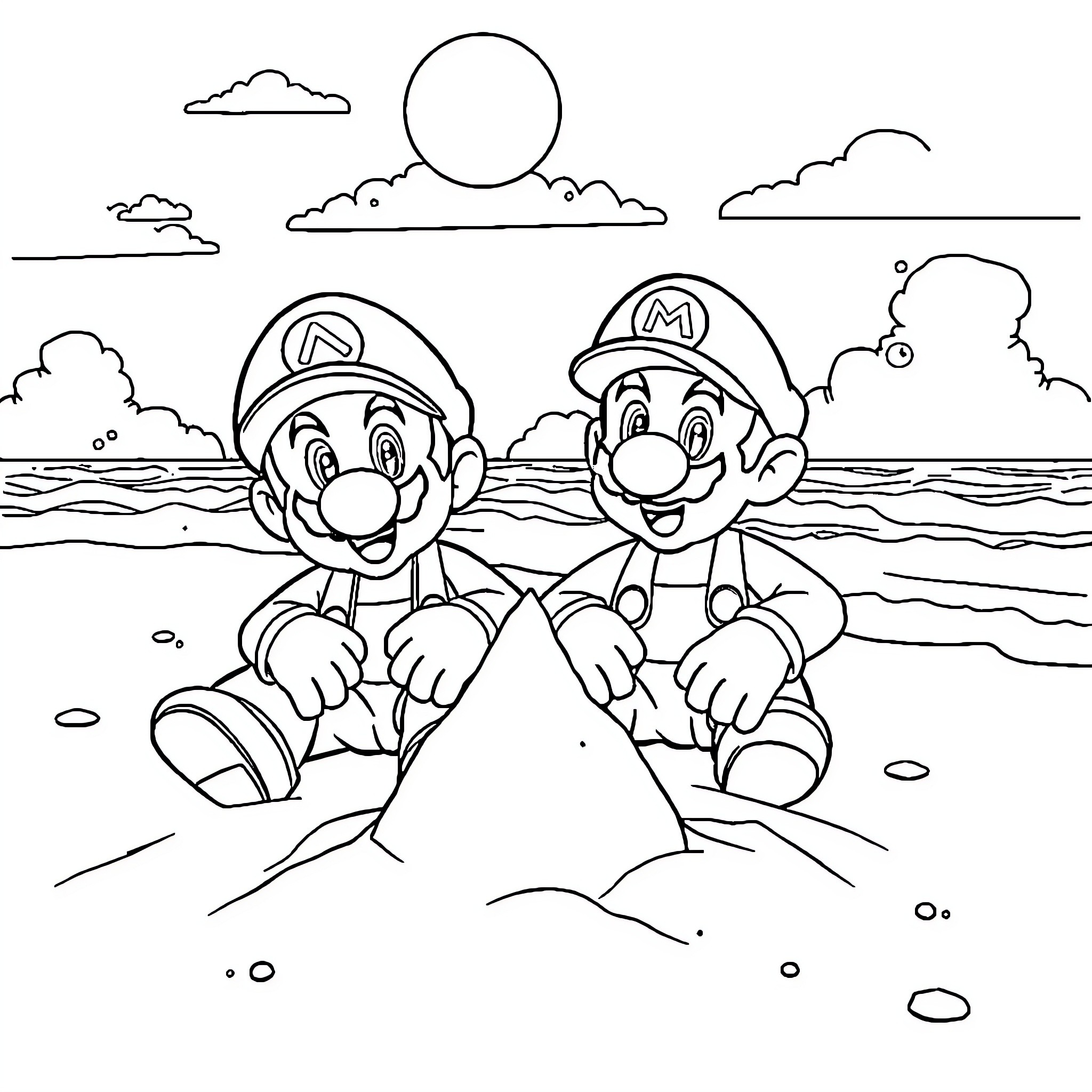 Mario and Luigi's Beach Adventure Coloring Page (free black-and-white line drawing printable PDF for all, from beginners to advanced learners, including children, teens, adults, and seniors)