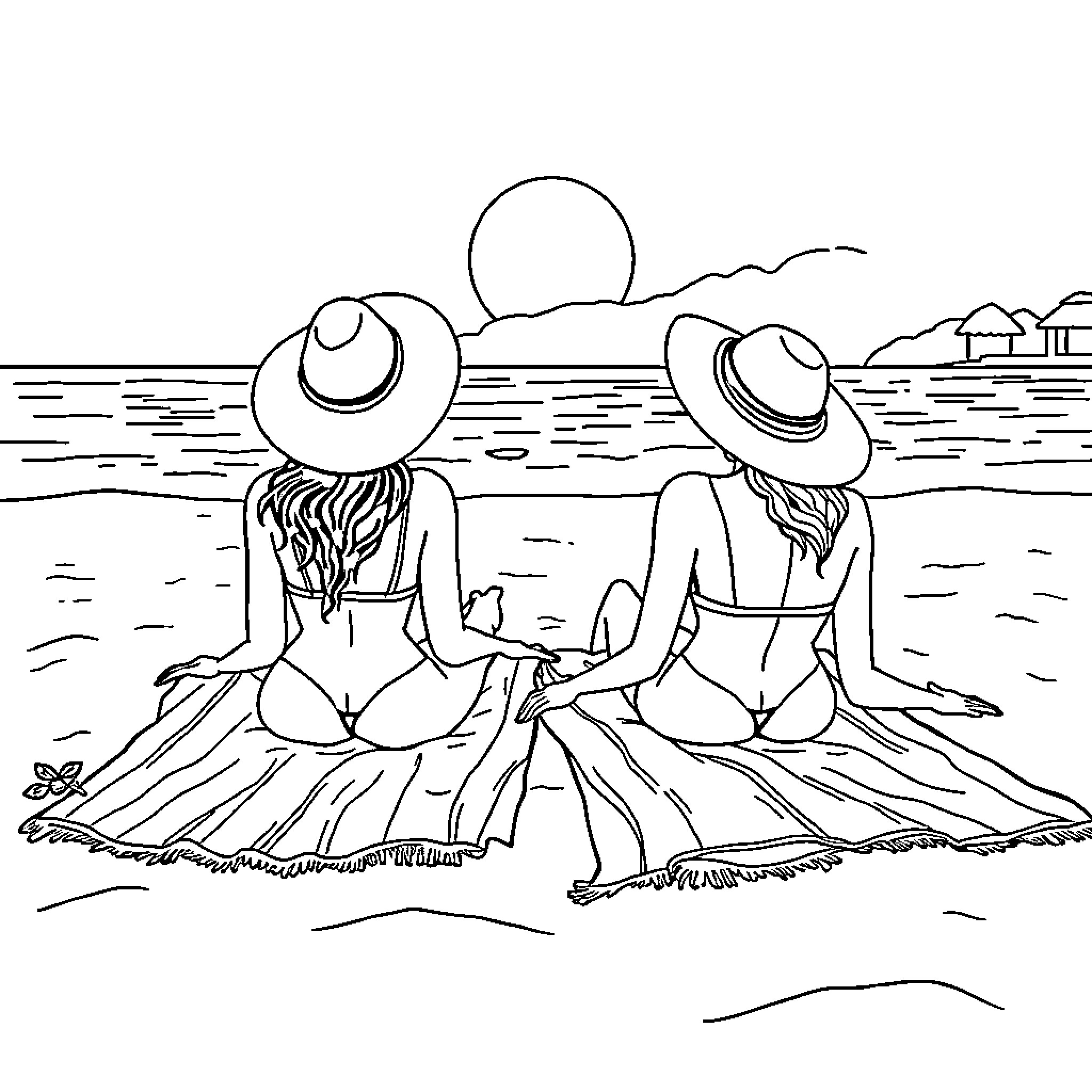Women relaxing on the beach Coloring Page (free black-and-white line drawing printable PDF for all, from beginners to advanced learners, including children, teens, adults, and seniors)