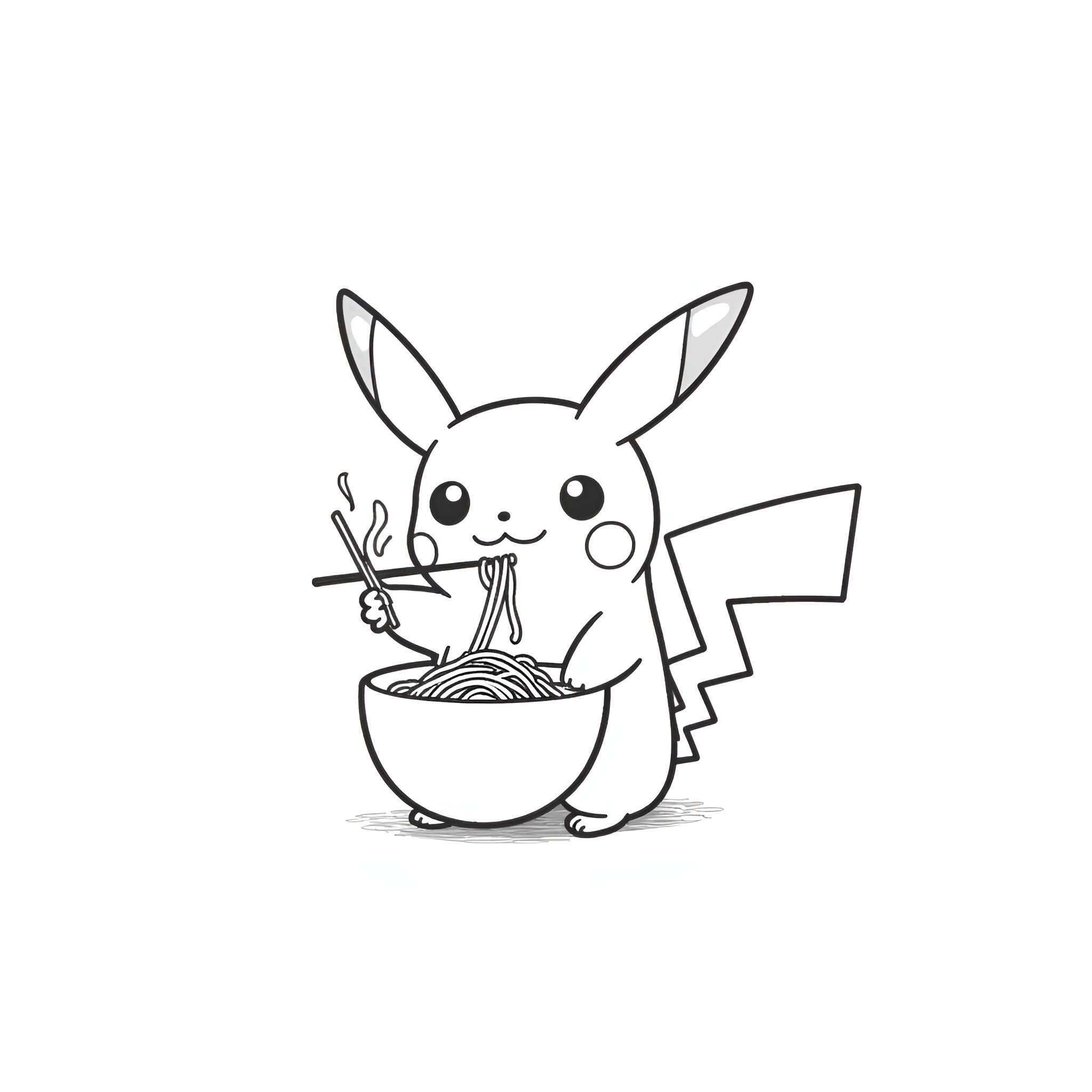 Pikachu enjoying a bowl of noodles Coloring Page (free black-and-white line drawing printable PDF for all, from beginners to advanced learners, including children, teens, adults, and seniors)