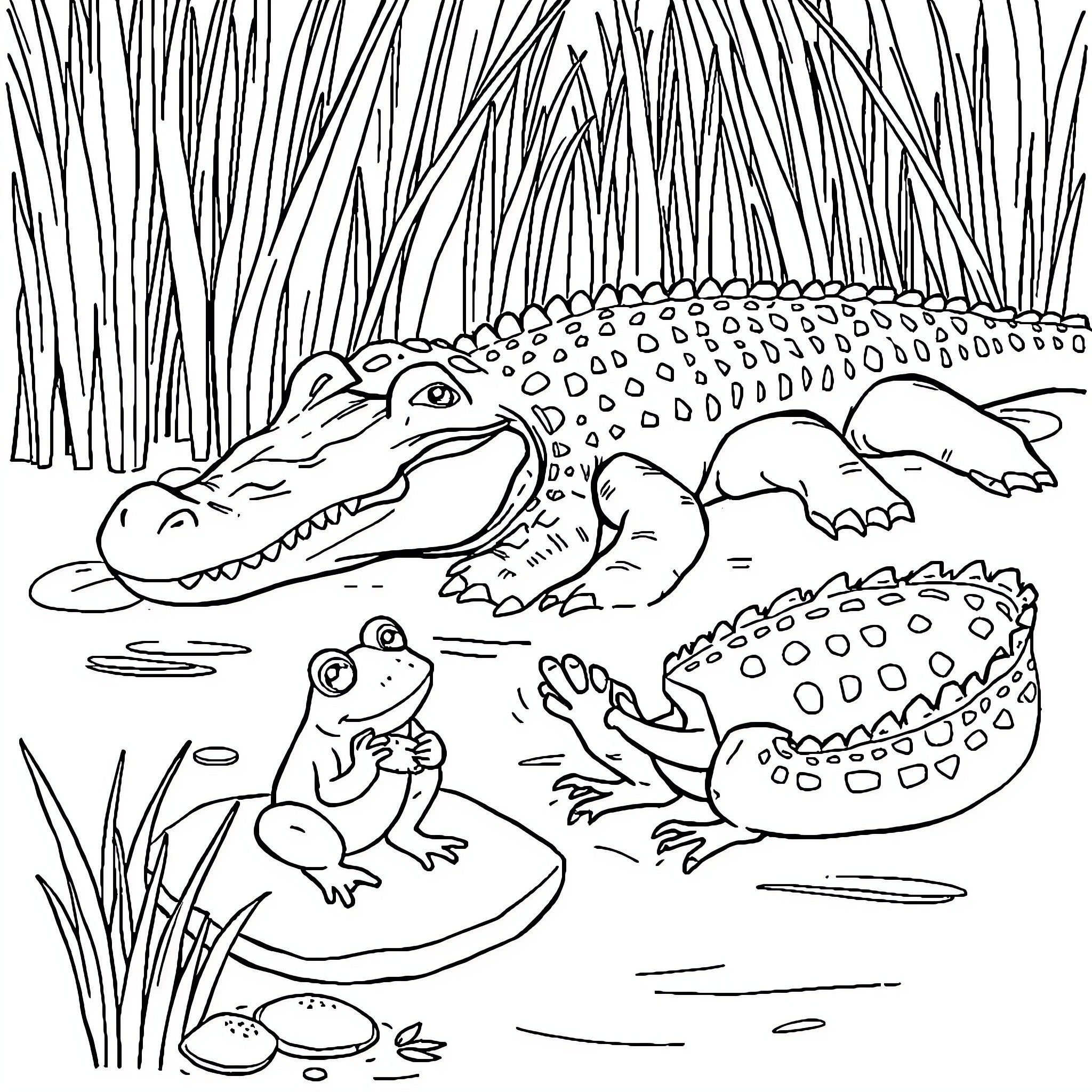 Frog Pond with Alligator and Frogs Coloring Page (free black-and-white line drawing printable PDF for all, from beginners to advanced learners, including children, teens, adults, and seniors)