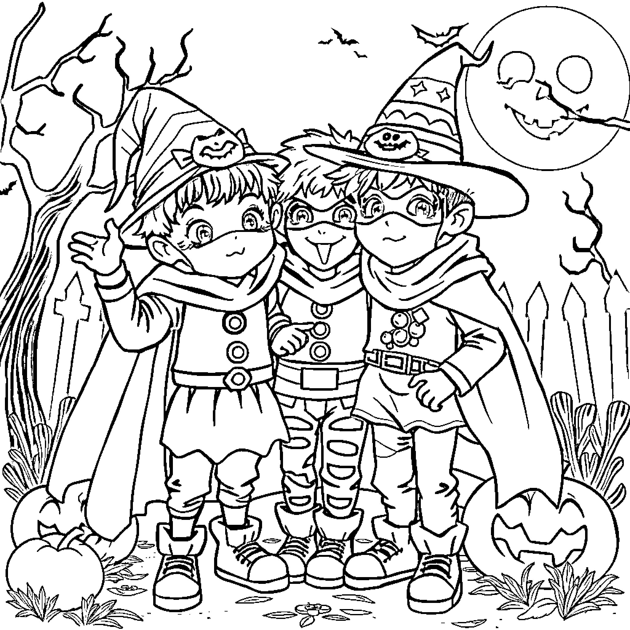 Boy Trick-or-Treating with Friends in Spooky Autumn Scene Coloring Page (free black-and-white line drawing printable PDF for all, from beginners to advanced learners, including children, teens, adults, and seniors)