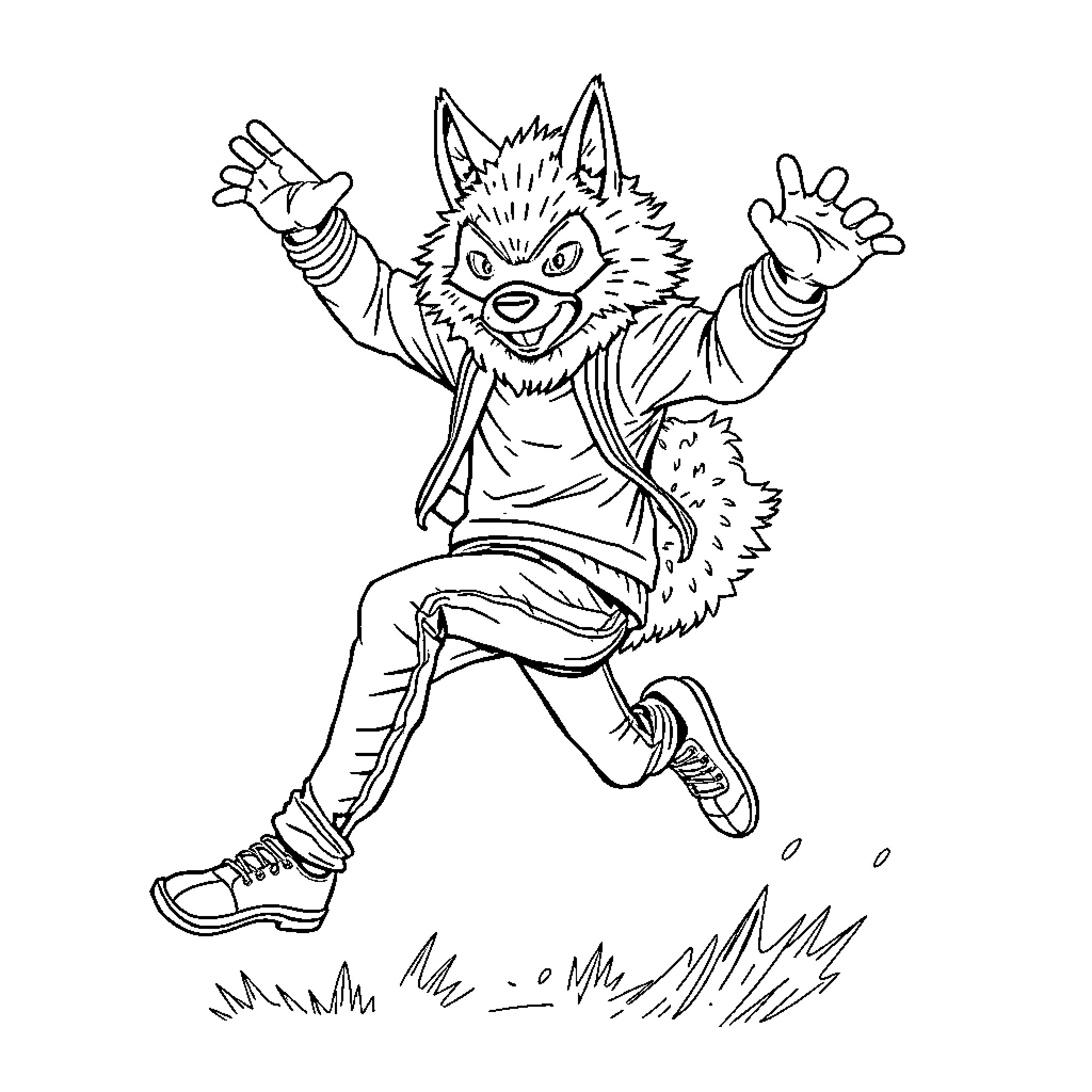 Wolf character jumping enthusiastically Coloring Page (free black-and-white line drawing printable PDF for all, from beginners to advanced learners, including children, teens, adults, and seniors)
