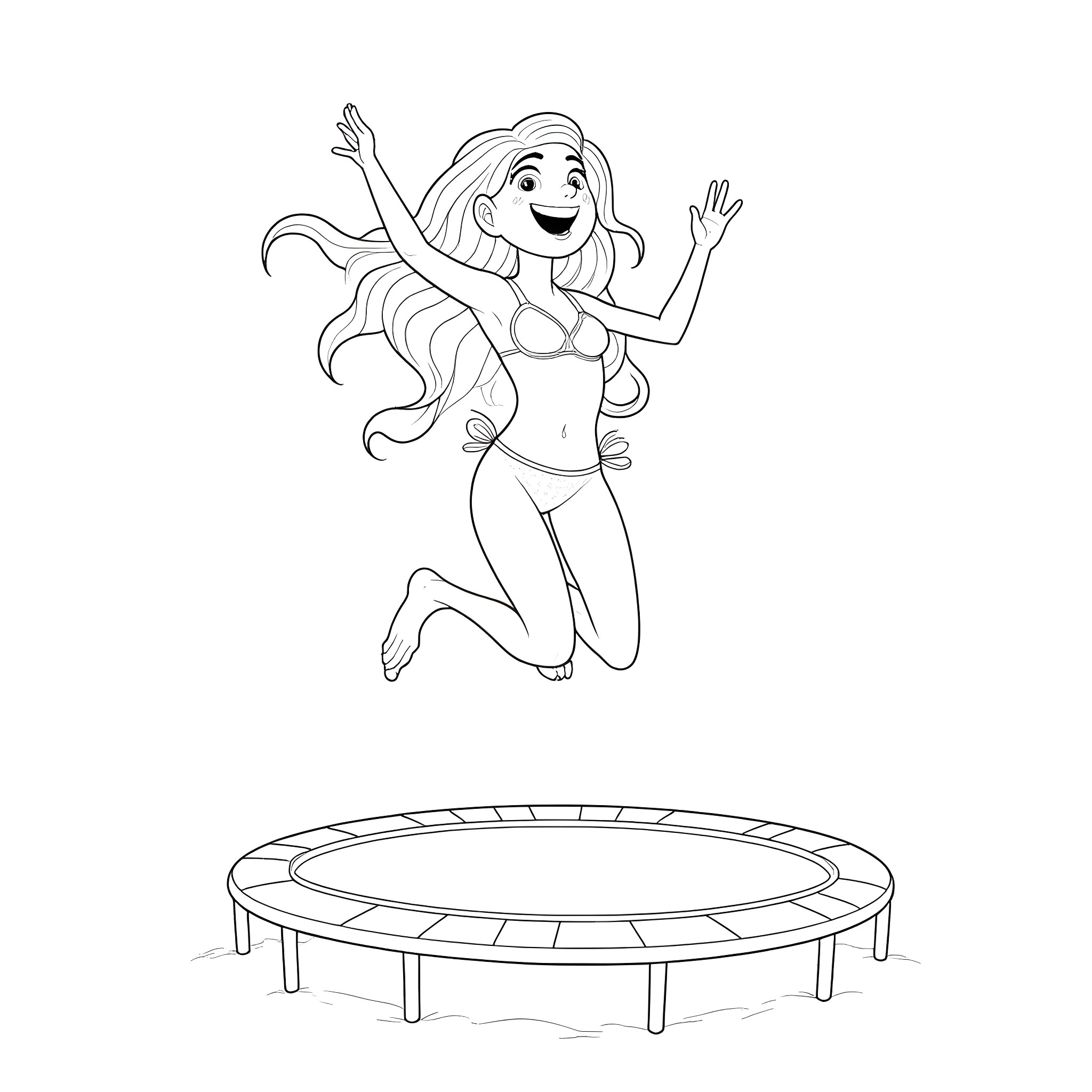 Teen girl joyfully jumping on trampoline Coloring Page (free black-and-white line drawing printable PDF for all, from beginners to advanced learners, including children, teens, adults, and seniors)