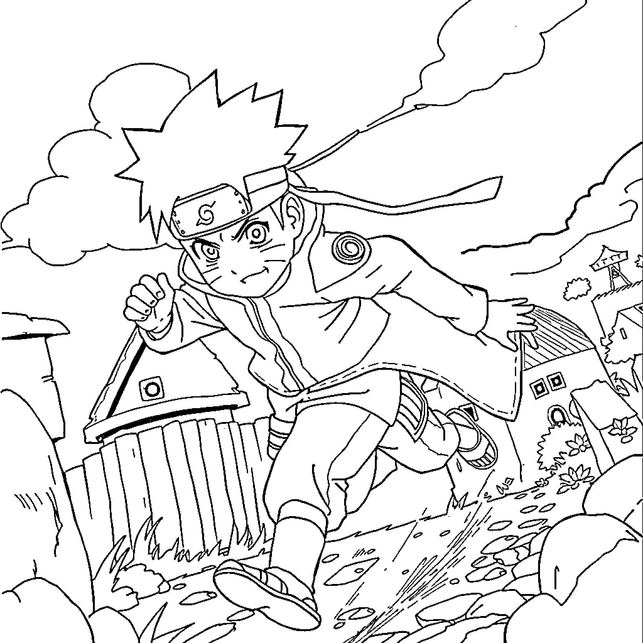 Naruto Charging Through the Ninja Training Grounds Coloring Page (free black-and-white line drawing printable PDF for all, from beginners to advanced learners, including children, teens, adults, and seniors)