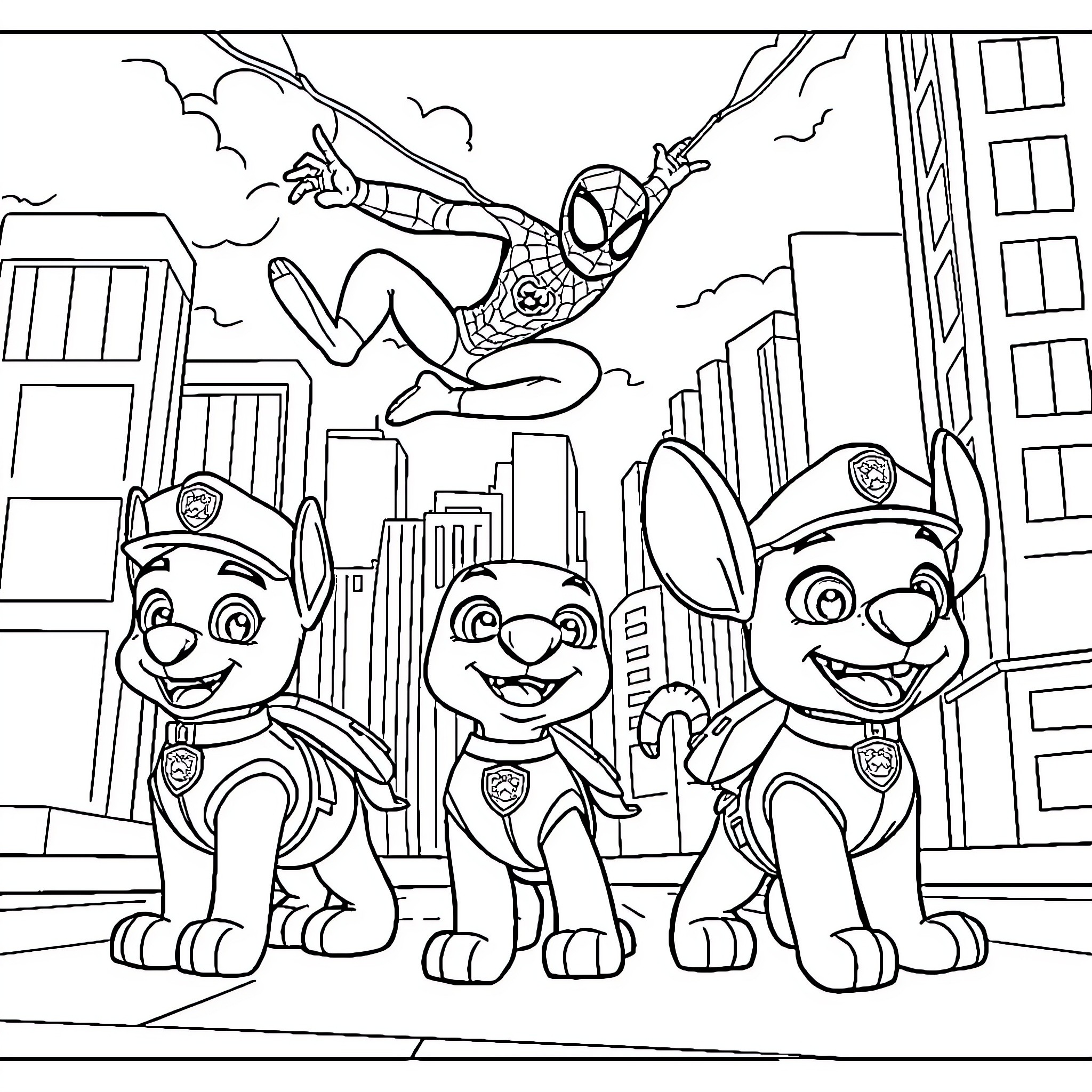 Paw Patrol team watches Spider-Man in action Coloring Page (free black-and-white line drawing printable PDF for all, from beginners to advanced learners, including children, teens, adults, and seniors)