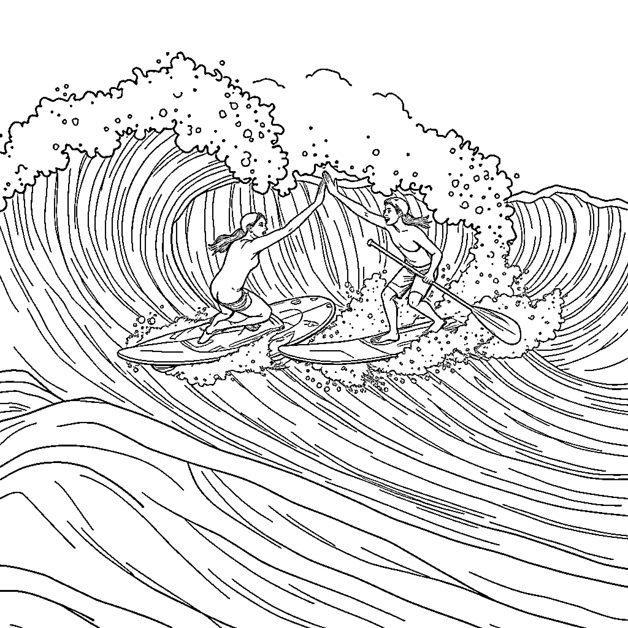 Paddleboarders navigating dynamic ocean waves Coloring Page (free black-and-white line drawing printable PDF for all, from beginners to advanced learners, including children, teens, adults, and seniors)