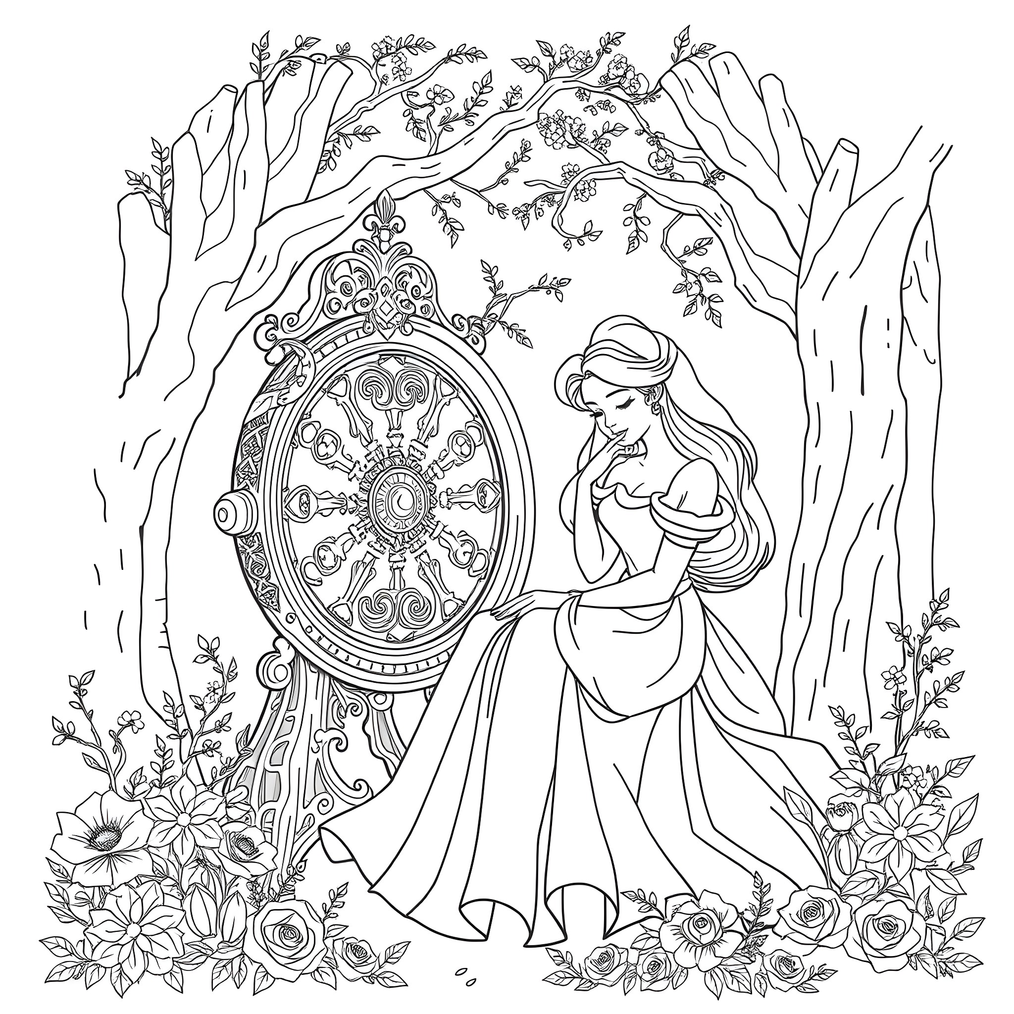 Sleeping Beauty admiring the enchanted mirror in the woods Coloring Page (free black-and-white line drawing printable PDF for all, from beginners to advanced learners, including children, teens, adults, and seniors)