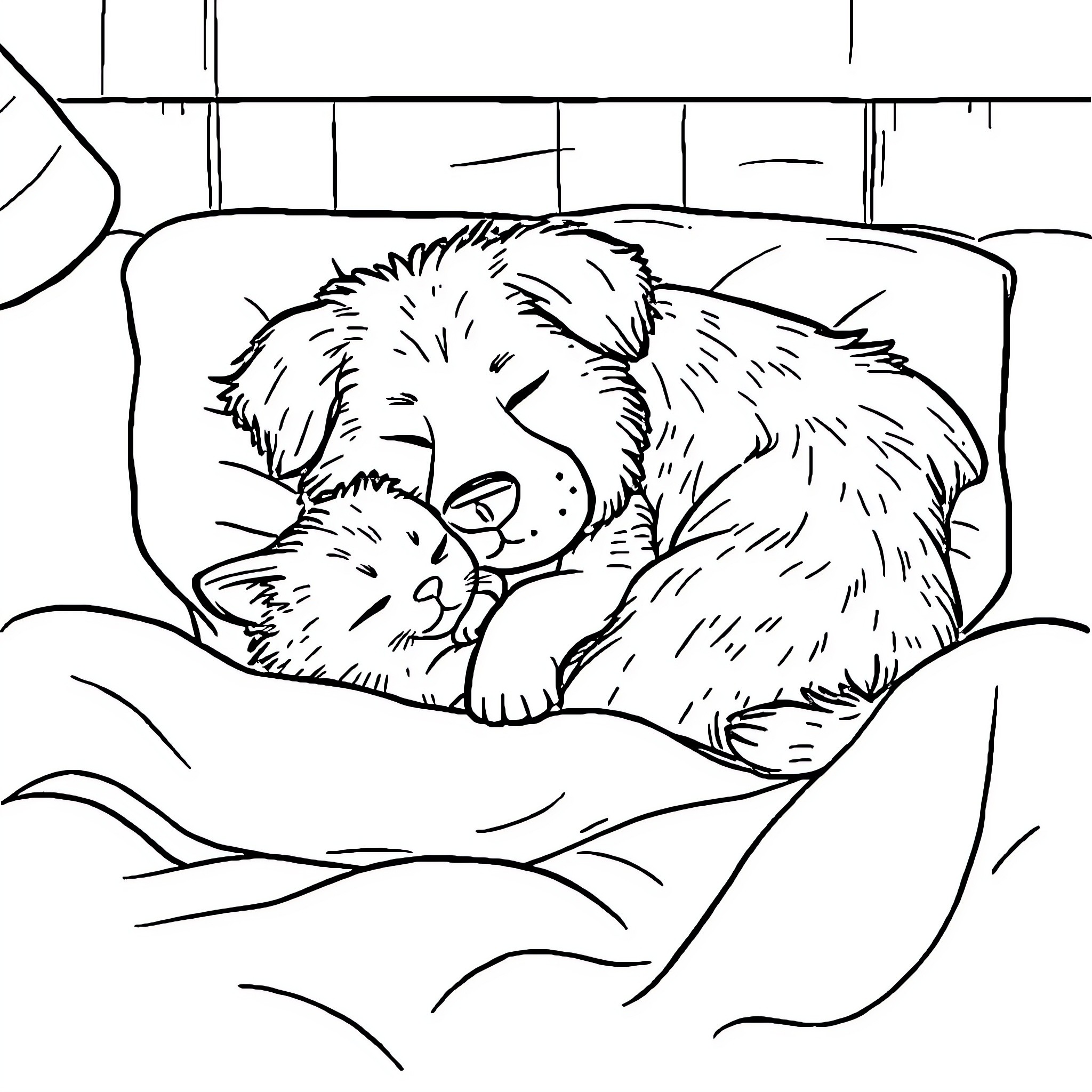 Cat resting comfortably on the bed Coloring Page (free black-and-white line drawing printable PDF for all, from beginners to advanced learners, including children, teens, adults, and seniors)