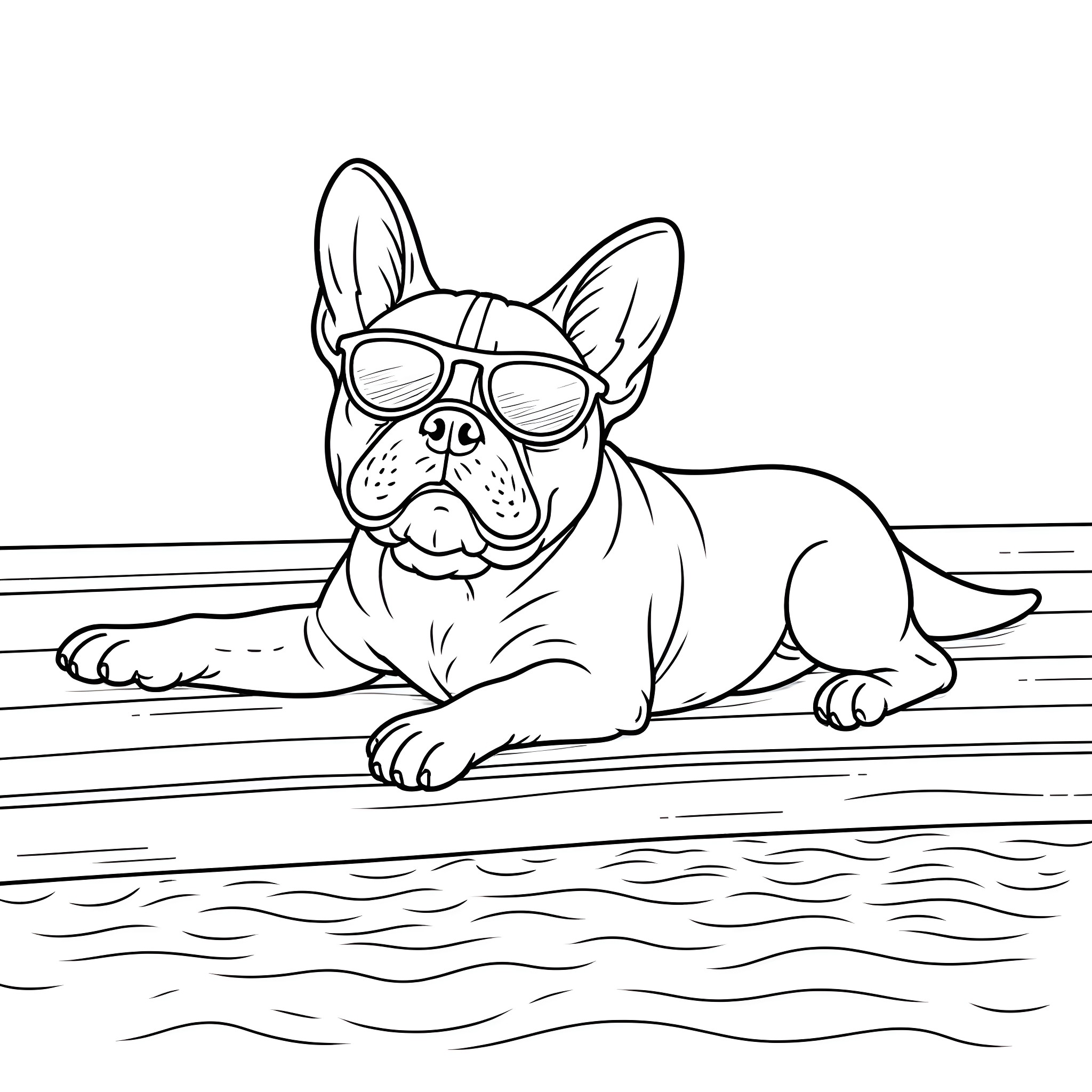French Bulldog enjoying a sunny day in sunglasses Coloring Page (free black-and-white line drawing printable PDF for all, from beginners to advanced learners, including children, teens, adults, and seniors)