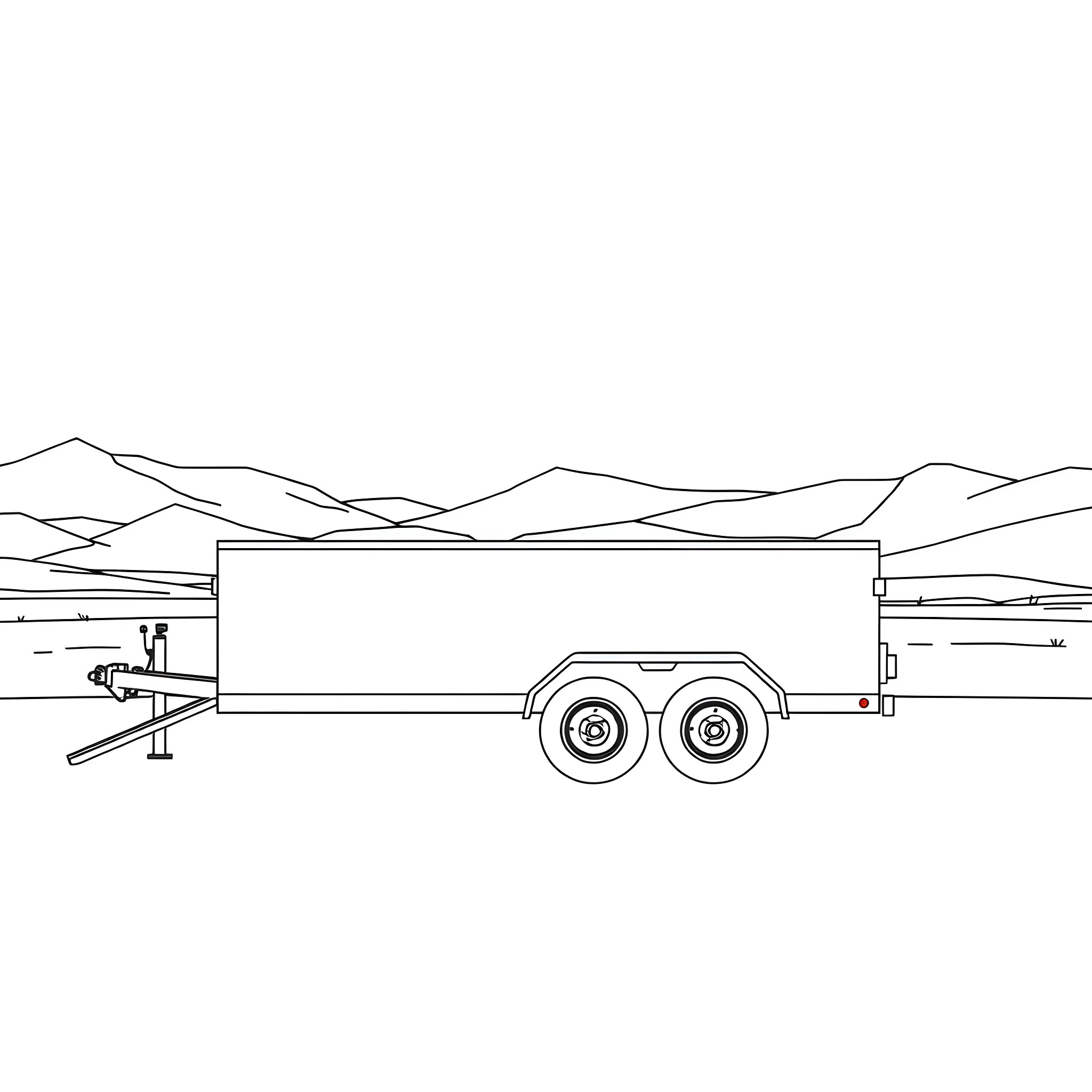Car Trailer Transporting Goods in the Mountains Coloring Page (free black-and-white line drawing printable PDF for all, from beginners to advanced learners, including children, teens, adults, and seniors)