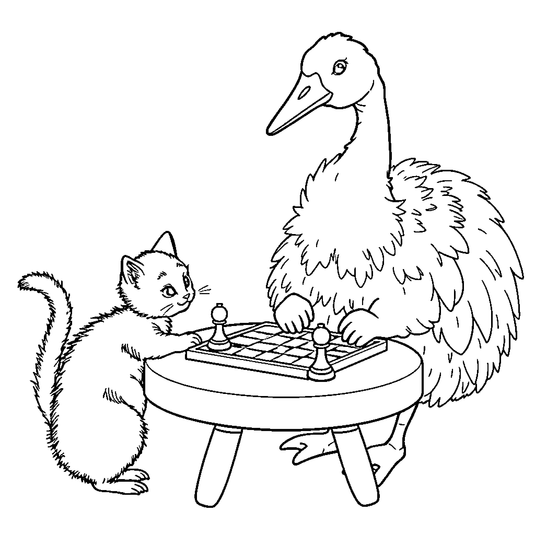 Goose playing chess with a curious cat Coloring Page (free black-and-white line drawing printable PDF for all, from beginners to advanced learners, including children, teens, adults, and seniors)