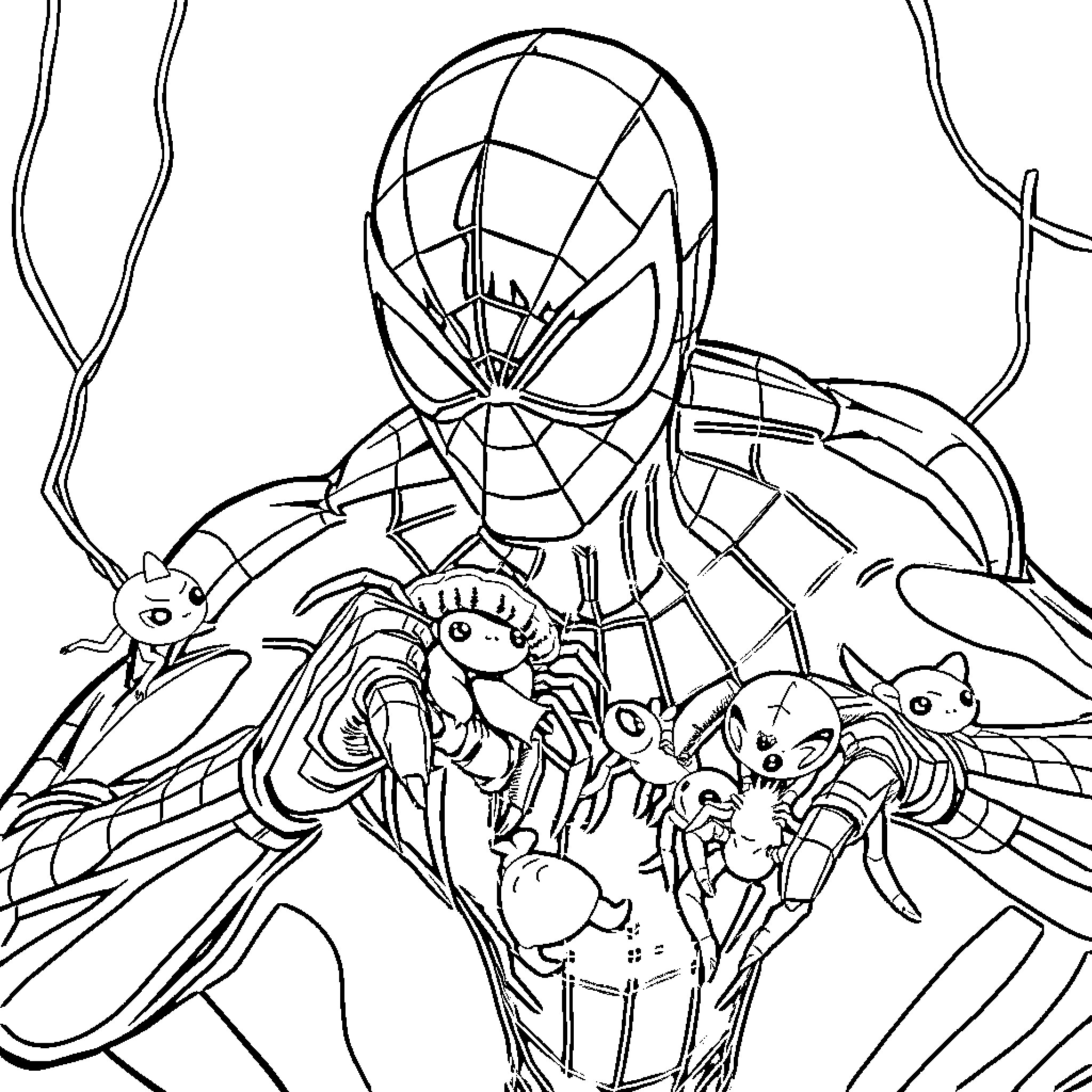 Spiderman in action with various characters Coloring Page (free black-and-white line drawing printable PDF for all, from beginners to advanced learners, including children, teens, adults, and seniors)