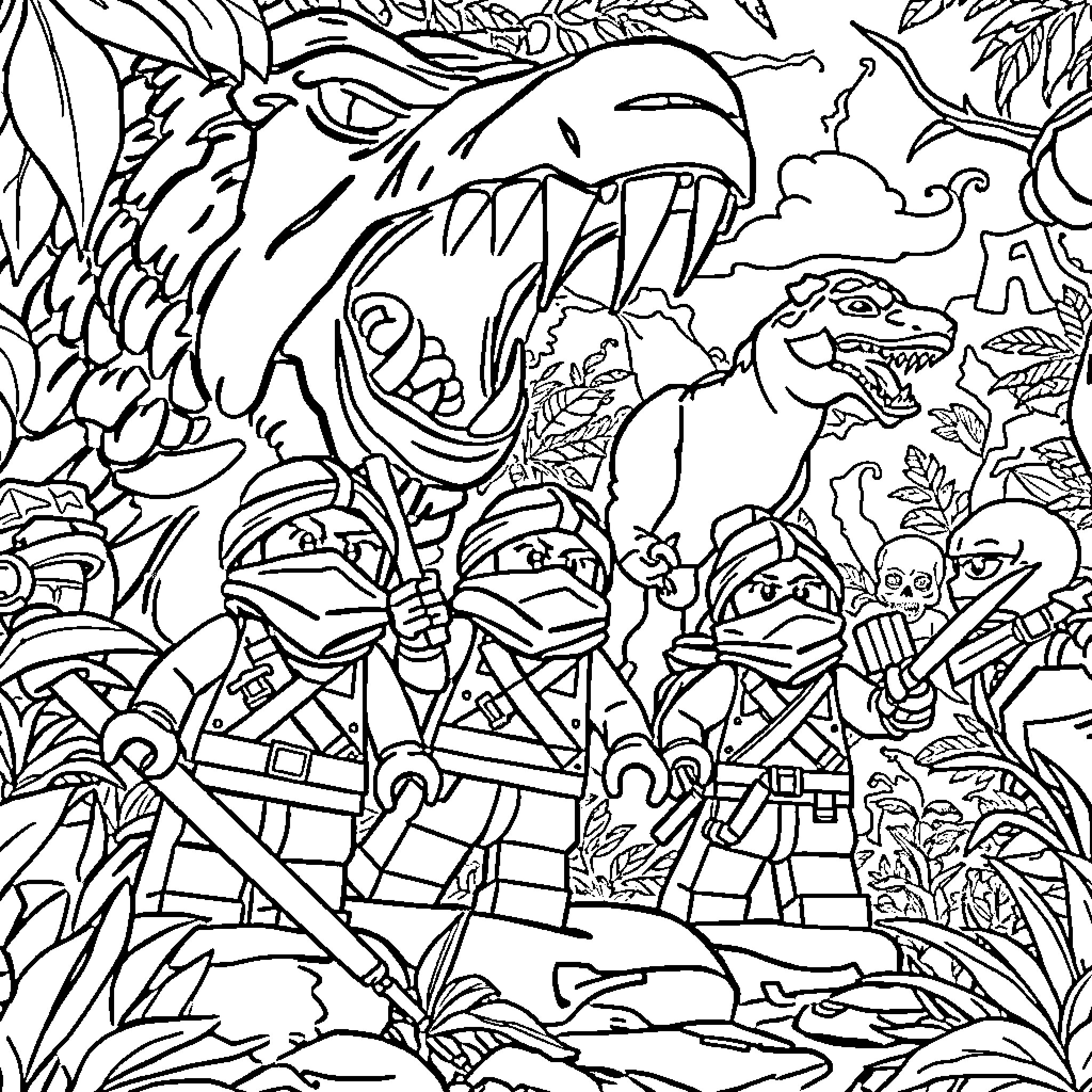 Ninjago Warriors Facing a Fierce Jungle Beast Coloring Page (free black-and-white line drawing printable PDF for all, from beginners to advanced learners, including children, teens, adults, and seniors)