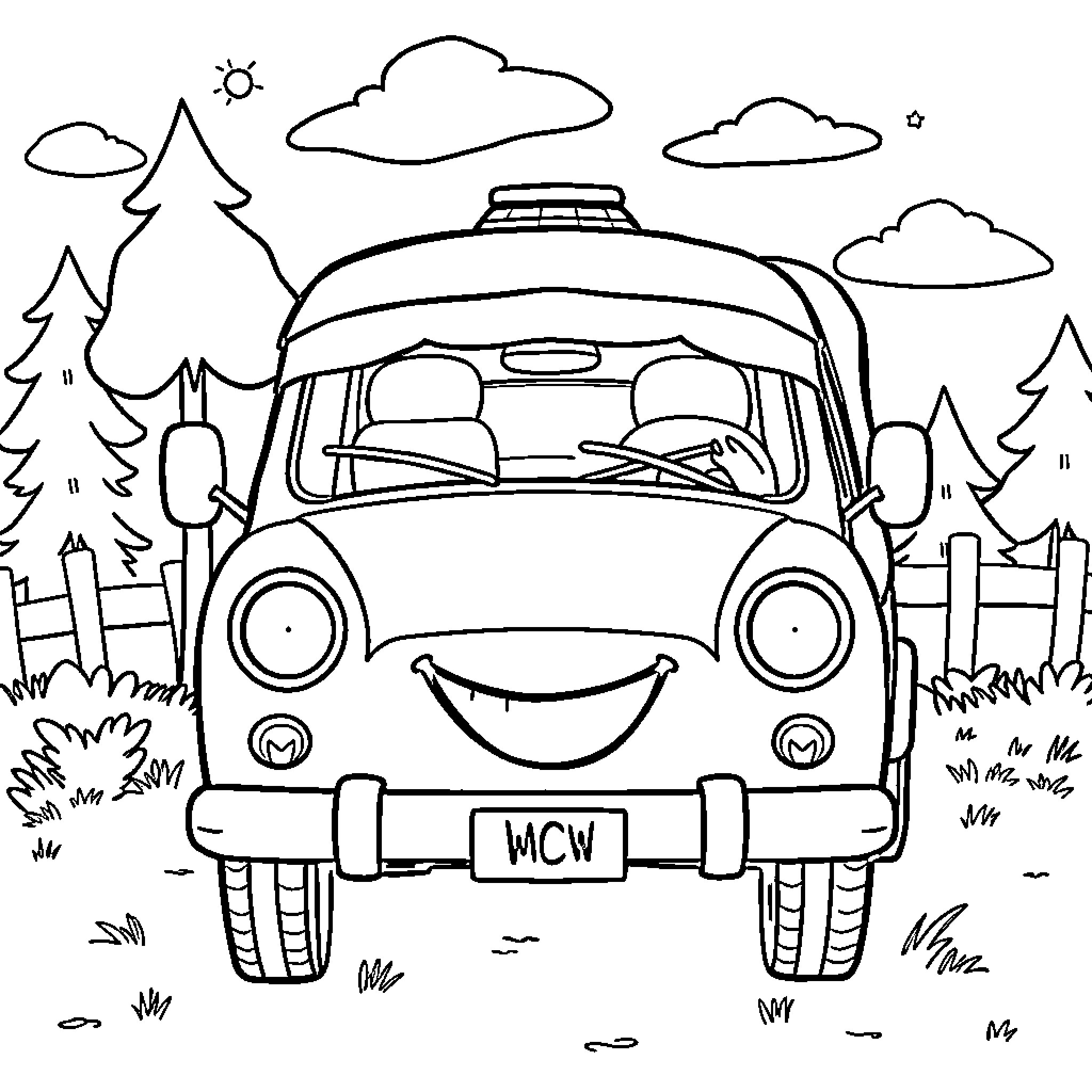 Camping Car Enjoying Scenic Road Trip Coloring Page (free black-and-white line drawing printable PDF for all, from beginners to advanced learners, including children, teens, adults, and seniors)