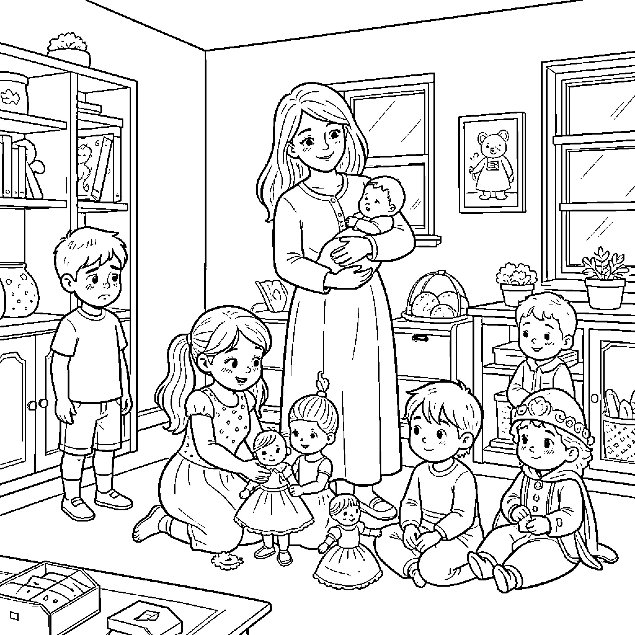 Nanny reading stories to a group of children Coloring Page (free black-and-white line drawing printable PDF for all, from beginners to advanced learners, including children, teens, adults, and seniors)