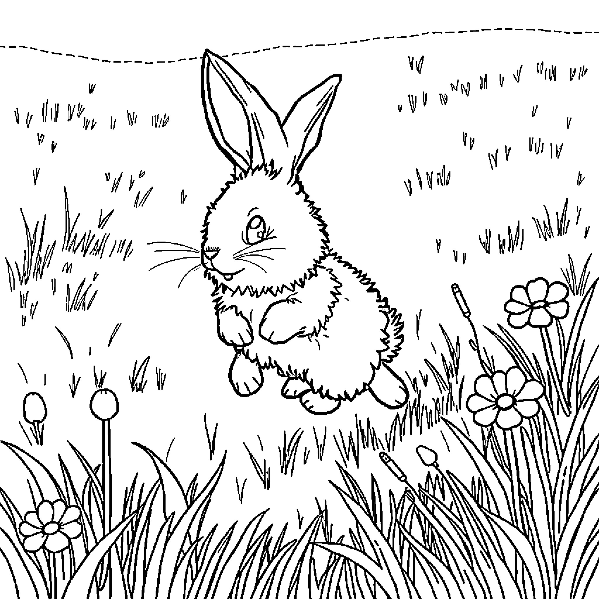 Rabbit hopping through a flower-filled meadow Coloring Page (free black-and-white line drawing printable PDF for all, from beginners to advanced learners, including children, teens, adults, and seniors)