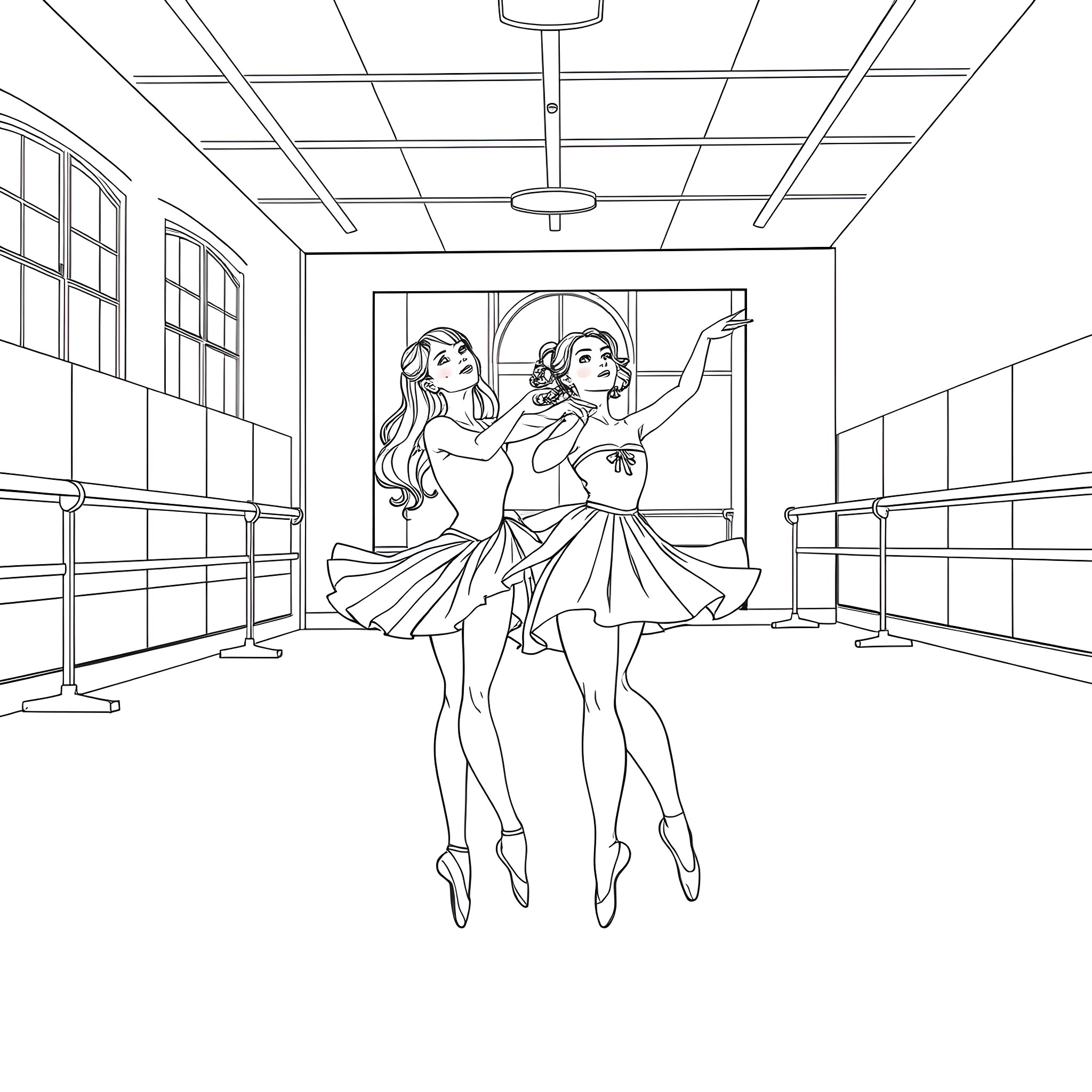Bluey and friend dancing gracefully in ballet studio Coloring Page (free black-and-white line drawing printable PDF for all, from beginners to advanced learners, including children, teens, adults, and seniors)