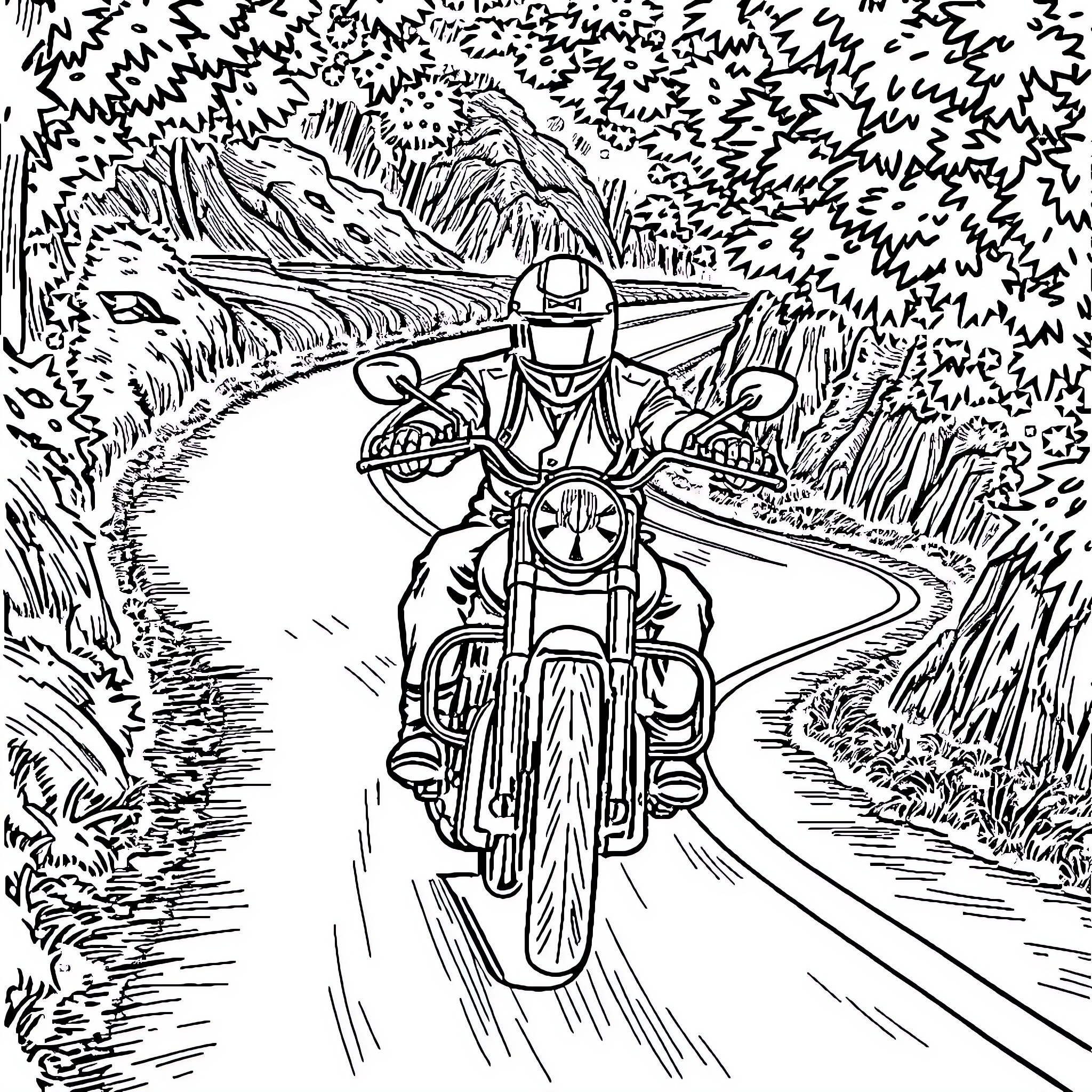 Motorcycle rider on a scenic mountain road Coloring Page (free black-and-white line drawing printable PDF for all, from beginners to advanced learners, including children, teens, adults, and seniors)