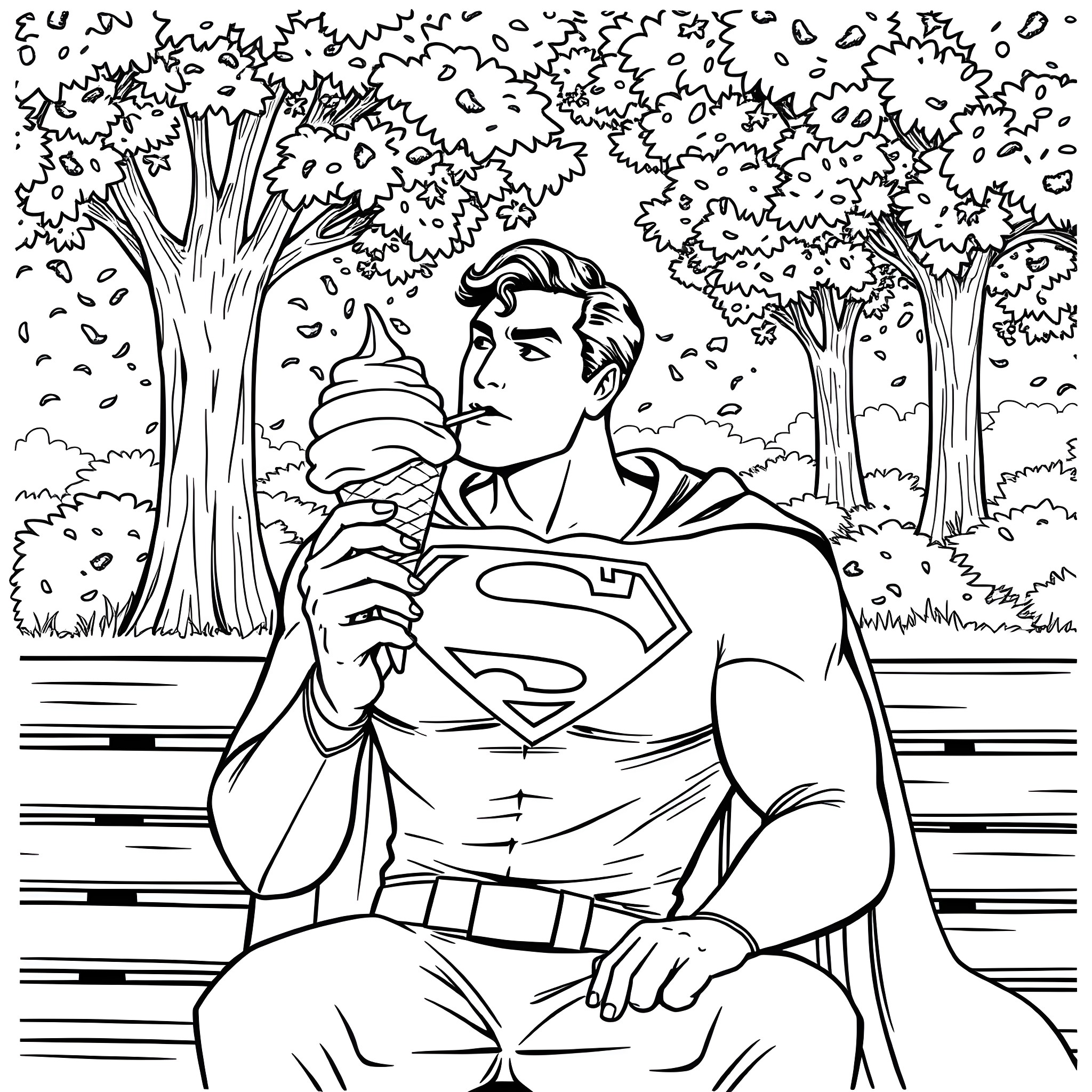 Superman pondering in the park Coloring Page (free black-and-white line drawing printable PDF for all, from beginners to advanced learners, including children, teens, adults, and seniors)