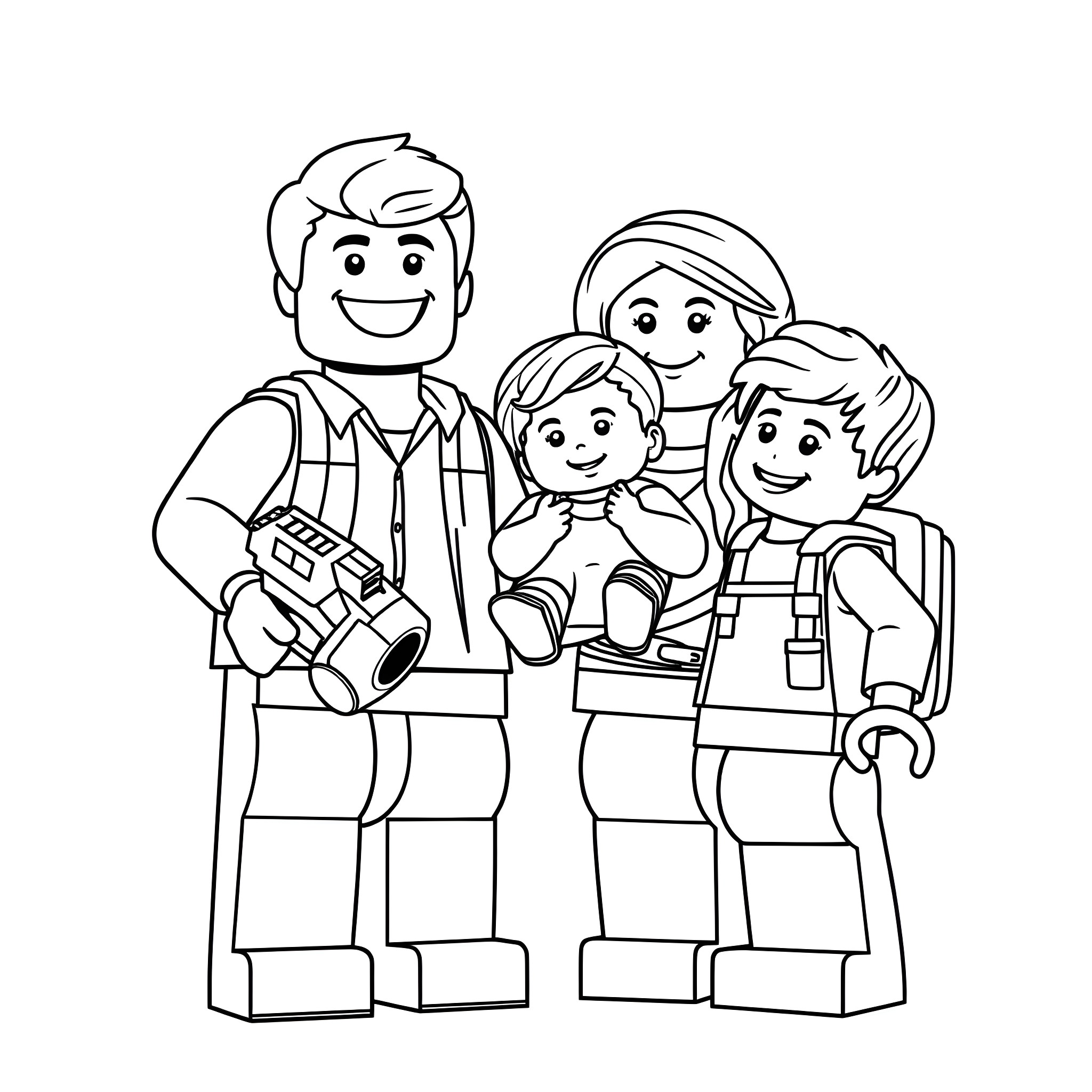 LEGO Family Posing Together Happily Coloring Page (free black-and-white line drawing printable PDF for all, from beginners to advanced learners, including children, teens, adults, and seniors)