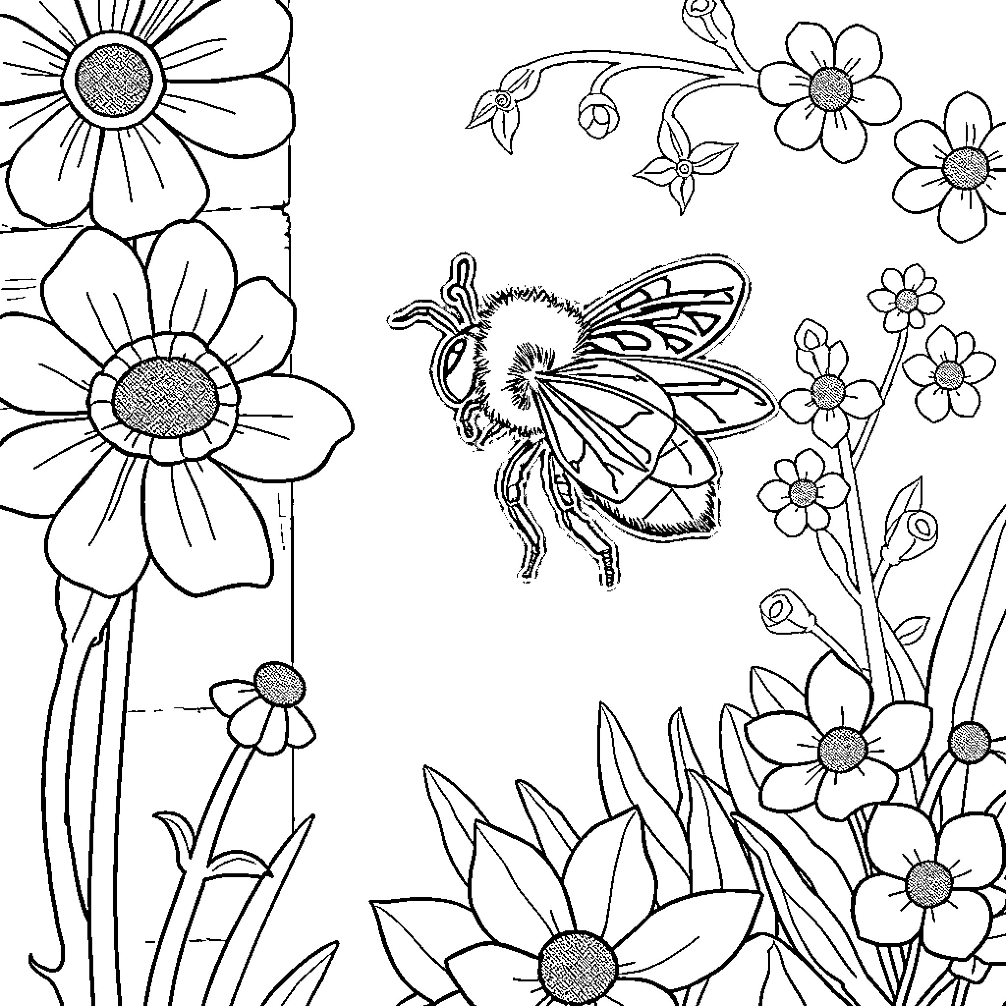 Maya's Flower Garden Adventure Coloring Page (free black-and-white line drawing printable PDF for all, from beginners to advanced learners, including children, teens, adults, and seniors)