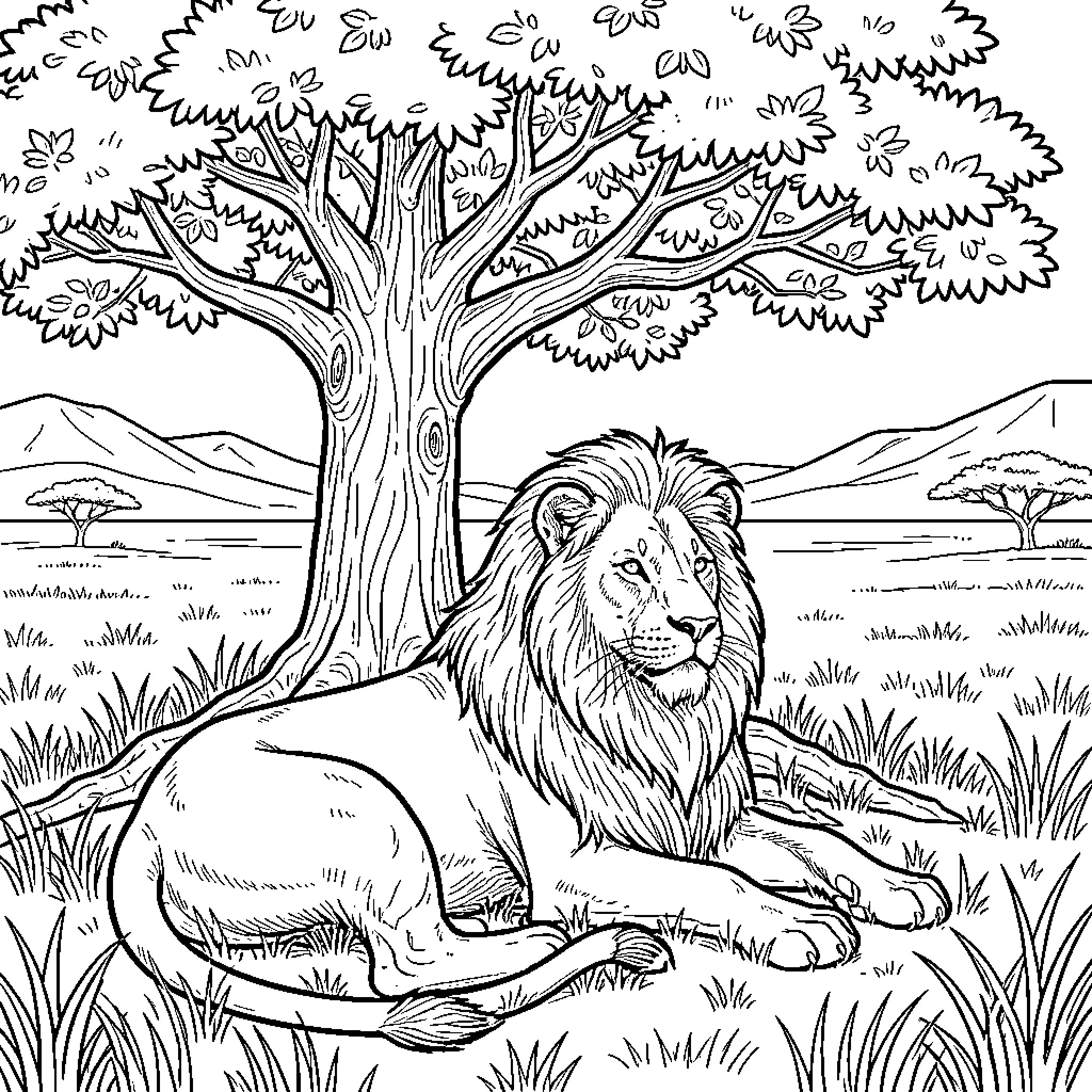 Lion resting peacefully under the shady tree Coloring Page (free black-and-white line drawing printable PDF for all, from beginners to advanced learners, including children, teens, adults, and seniors)
