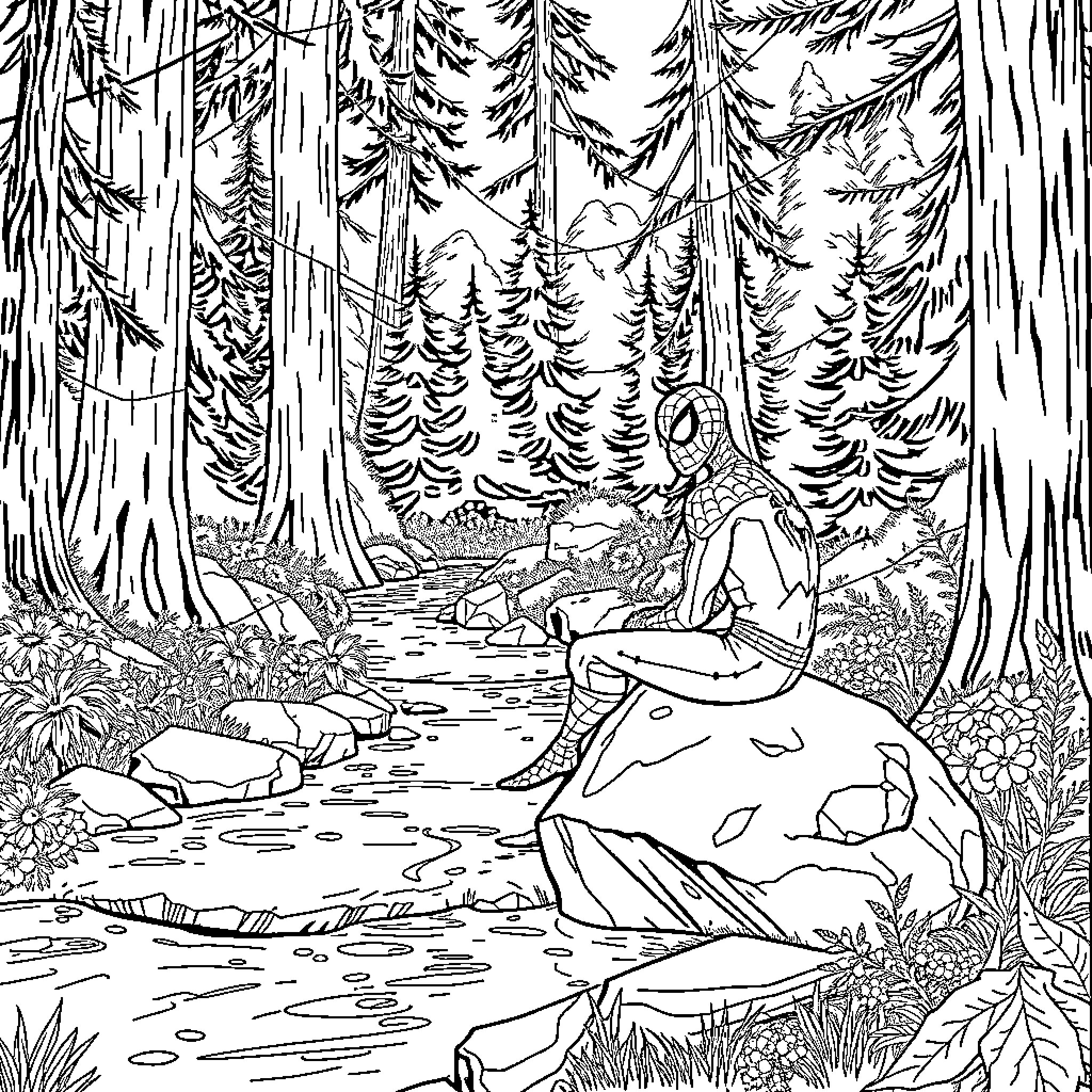Spider-Man exploring a magical forest landscape Coloring Page (free black-and-white line drawing printable PDF for all, from beginners to advanced learners, including children, teens, adults, and seniors)