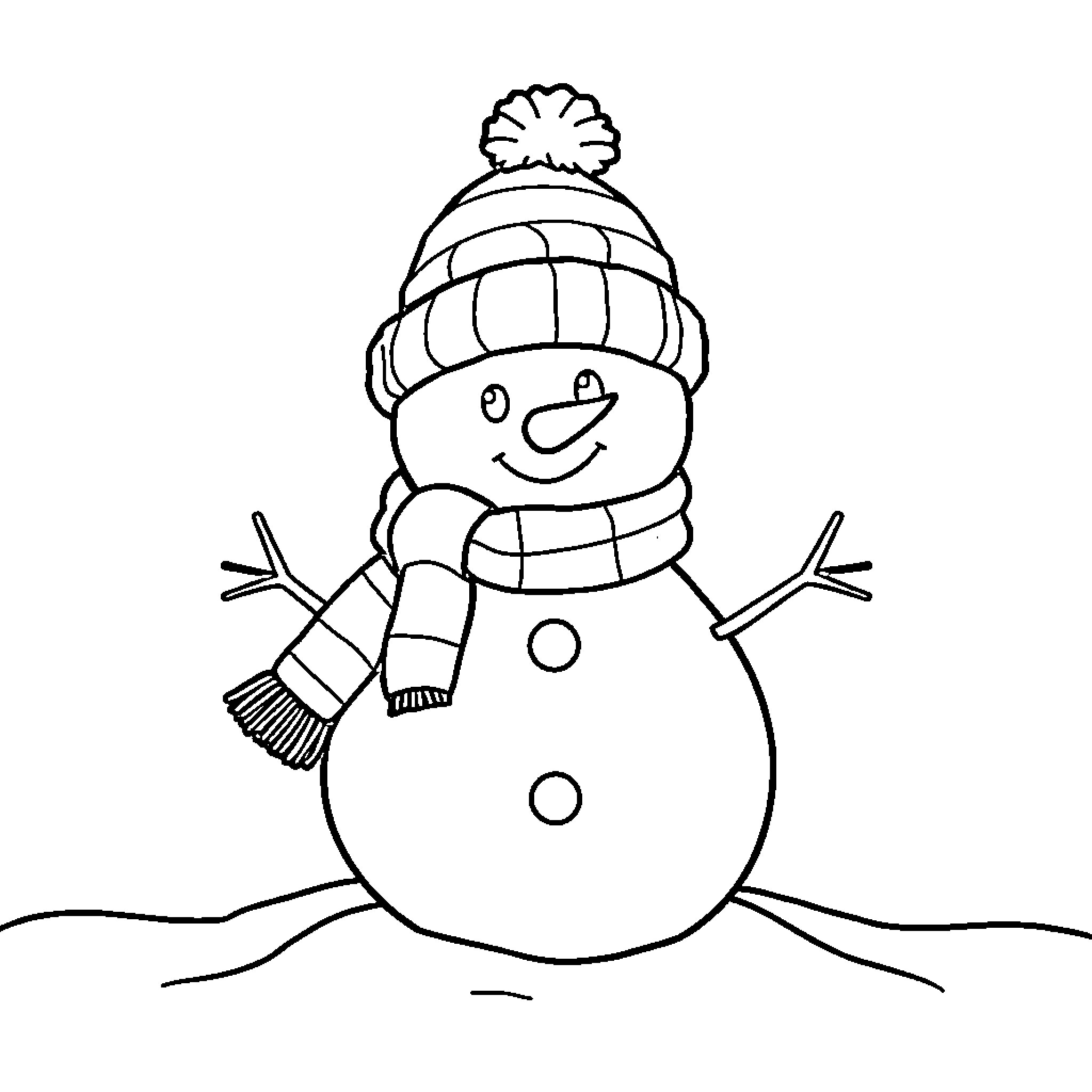 Snowman in Winter Outfit with Friendly Expression Coloring Page (free black-and-white line drawing printable PDF for all, from beginners to advanced learners, including children, teens, adults, and seniors)