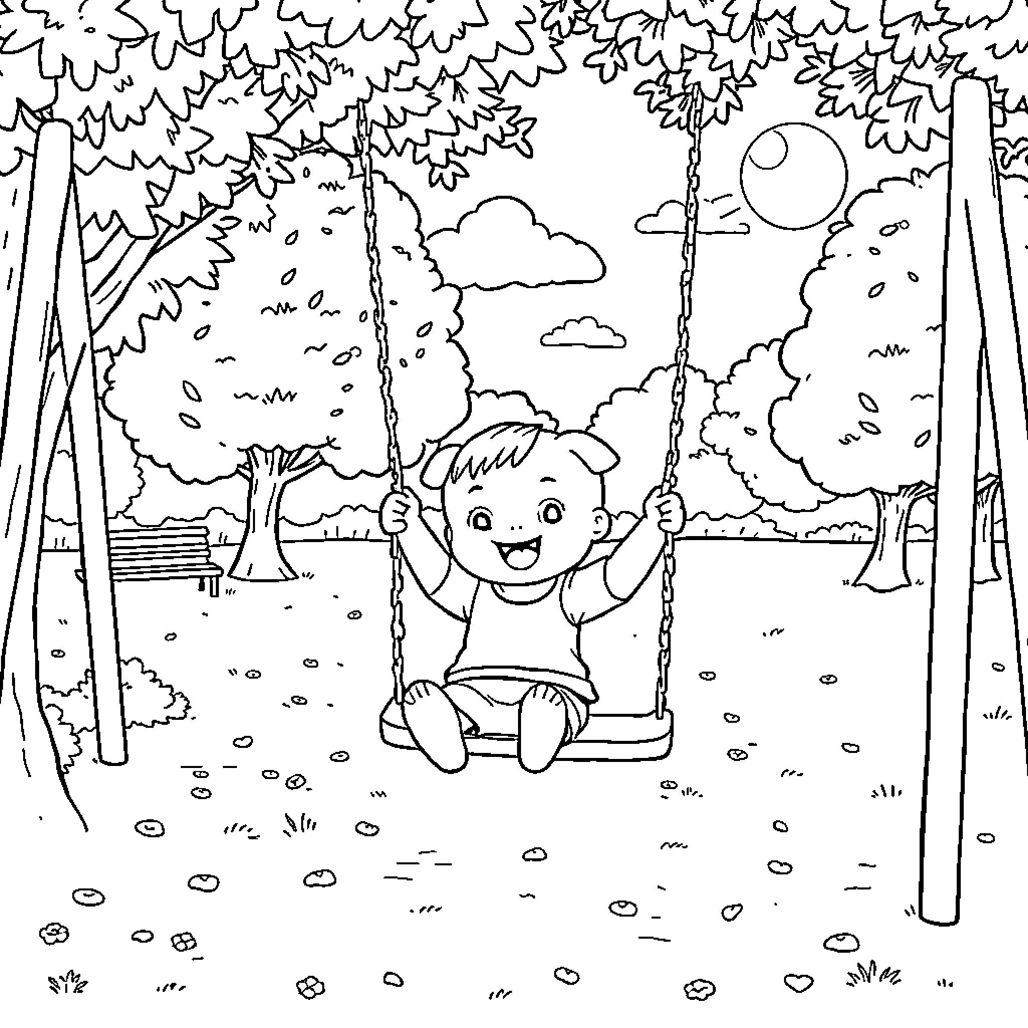 Jinu playing happily on a swing in the park Coloring Page (free black-and-white line drawing printable PDF for all, from beginners to advanced learners, including children, teens, adults, and seniors)