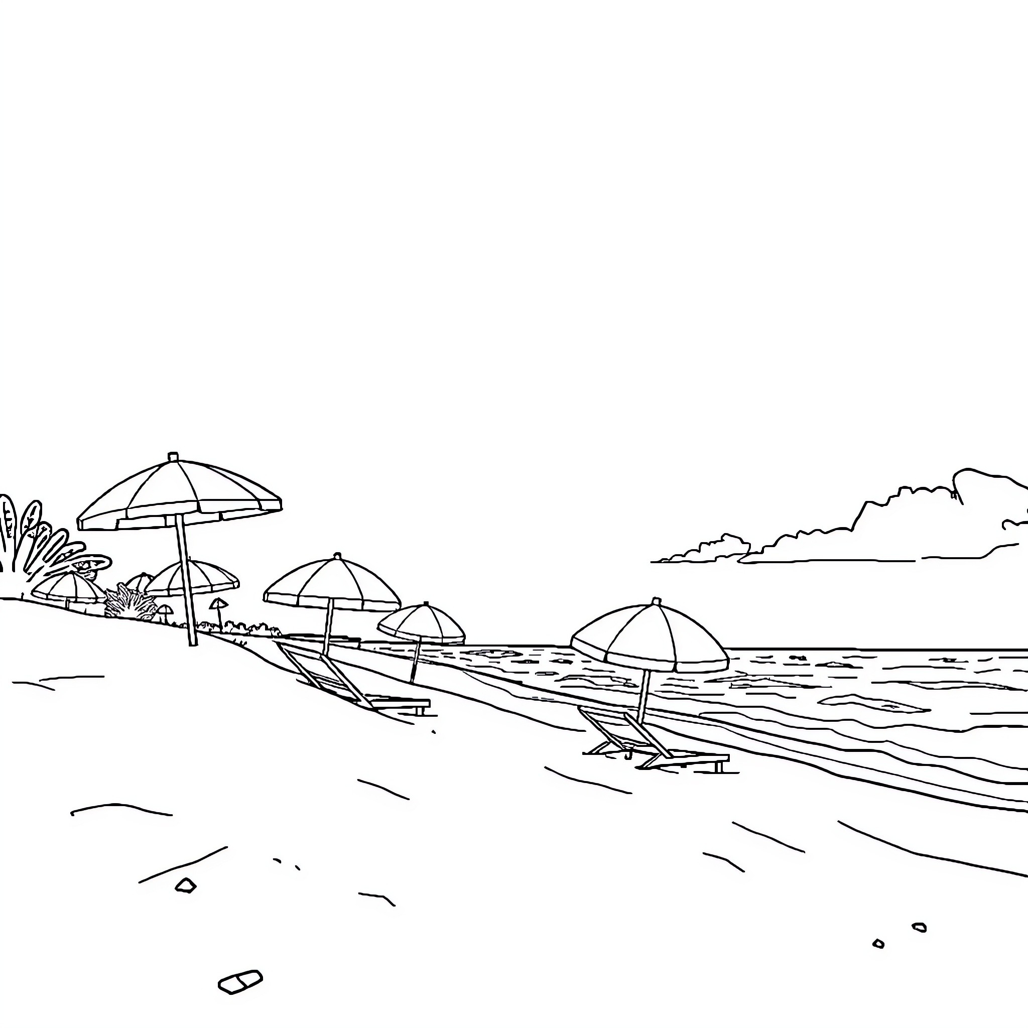 Beach umbrellas and relaxing by the sea Coloring Page (free black-and-white line drawing printable PDF for all, from beginners to advanced learners, including children, teens, adults, and seniors)