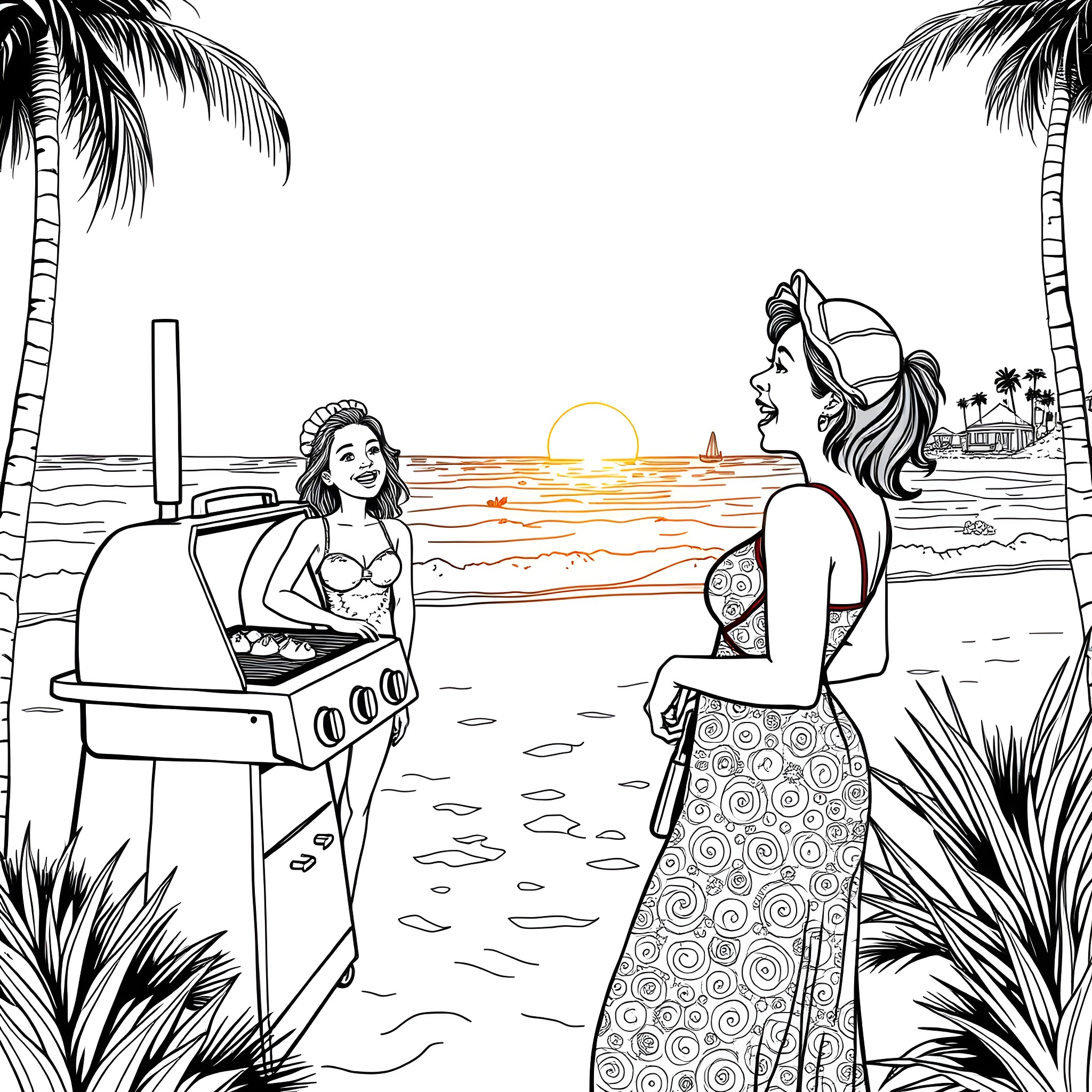Sydney Sweeney Grilling and Chatting with Friend on Beach Coloring Page (free black-and-white line drawing printable PDF for all, from beginners to advanced learners, including children, teens, adults, and seniors)