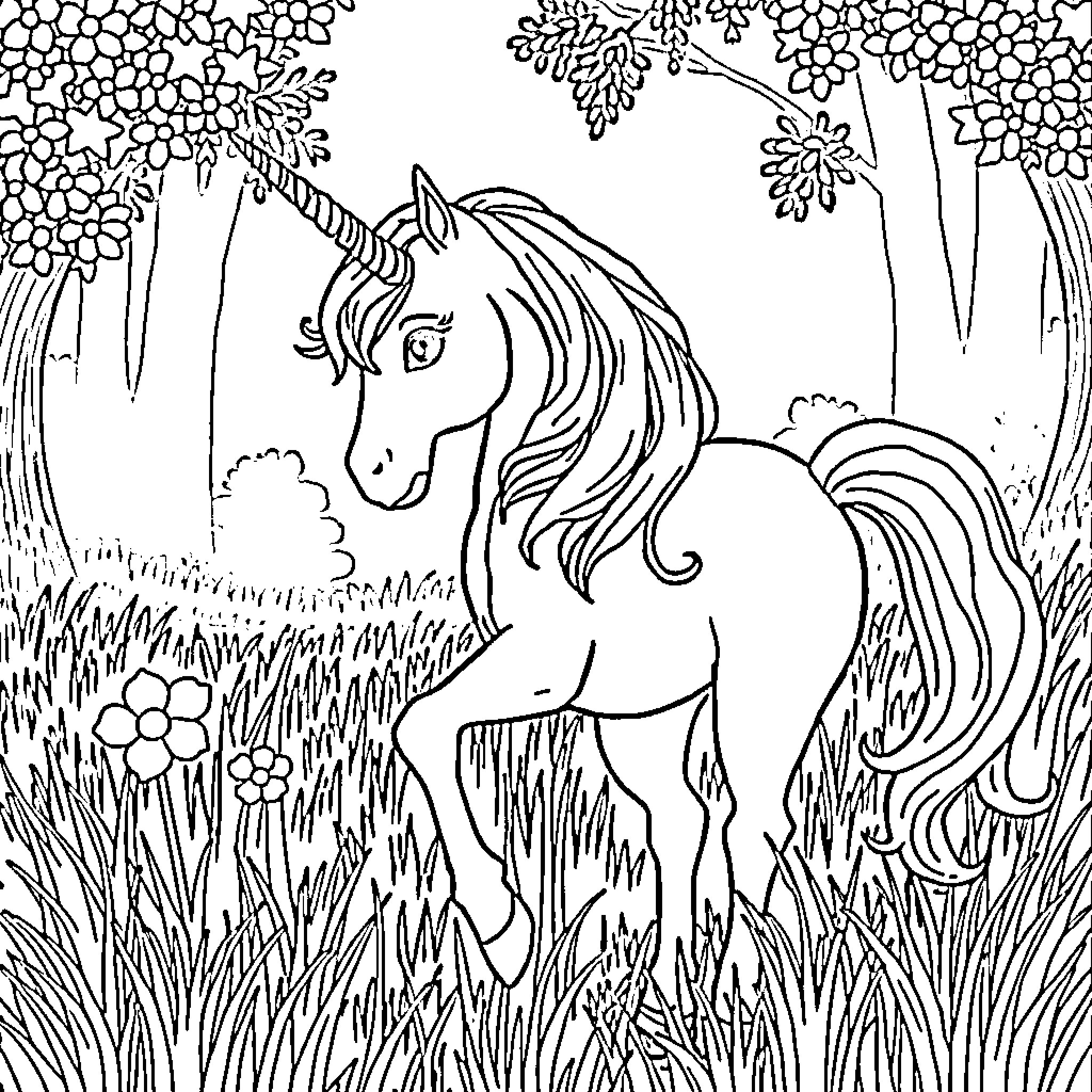 Unicorn standing gracefully in a whimsical forest Coloring Page (free black-and-white line drawing printable PDF for all, from beginners to advanced learners, including children, teens, adults, and seniors)