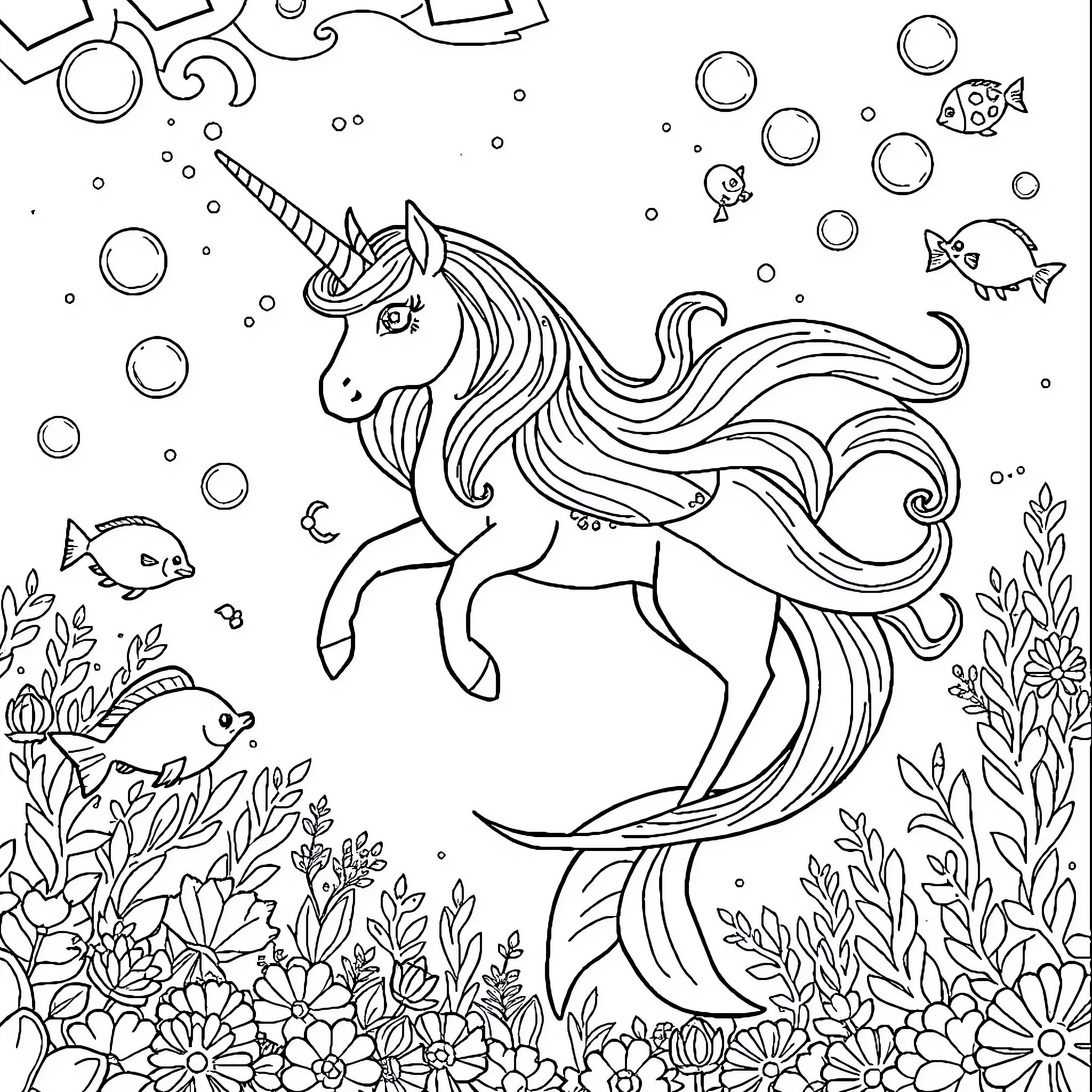 Unicorn swimming gracefully in a whimsical underwater scene Coloring Page (free black-and-white line drawing printable PDF for all, from beginners to advanced learners, including children, teens, adults, and seniors)