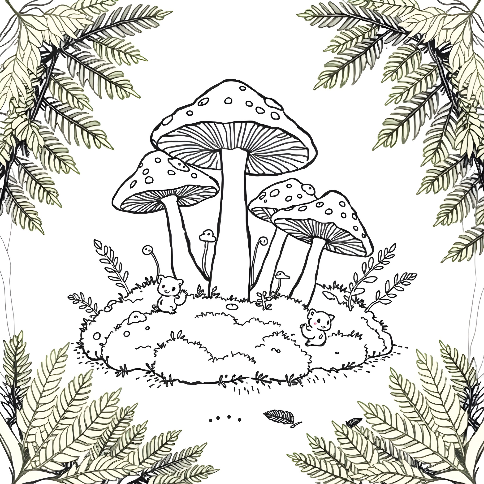Mushroom garden framed by ferns Coloring Page (free black-and-white line drawing printable PDF for all, from beginners to advanced learners, including children, teens, adults, and seniors)